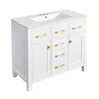 VanityFus 36-in White Bathroom Vanity Single Sink Combo with Ceramic Top Undermount 2 Soft Close Doors 3 Drawers