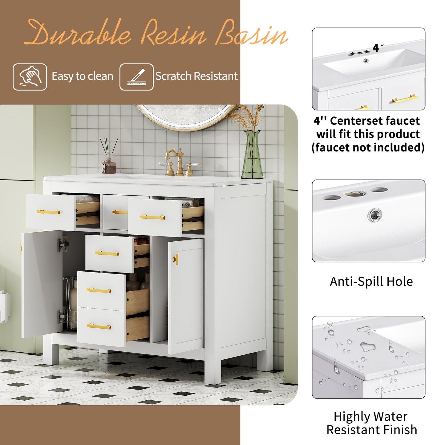 VanityFus 36-in White Bathroom Vanity Single Sink Combo with Ceramic Top Undermount 2 Soft Close Doors 3 Drawers
