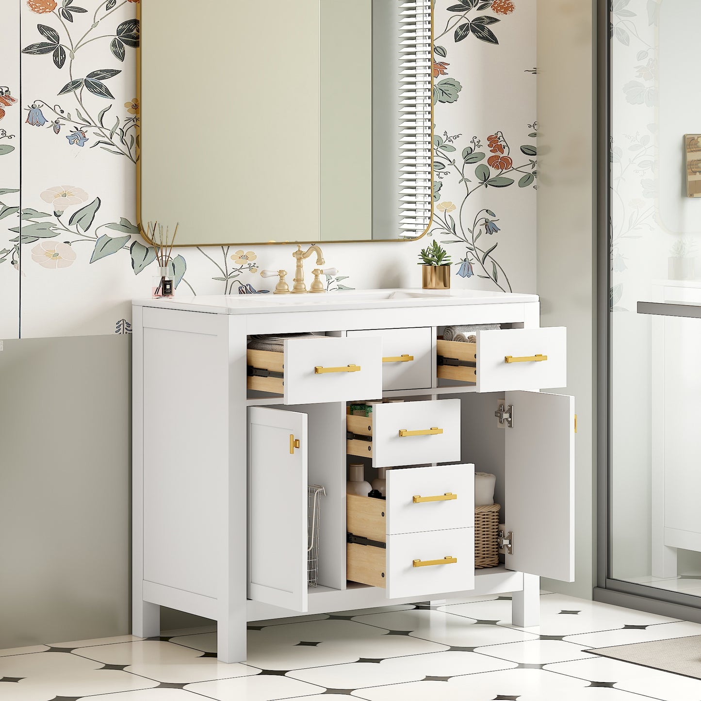 VanityFus 36-in White Bathroom Vanity Single Sink Combo with Ceramic Top Undermount 2 Soft Close Doors 3 Drawers