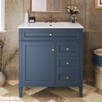 VanityFus 30-in Blue Bathroom Vanity Single Sink Combo with Ceramic Top Undermount 1 Soft Close Door 3 Drawers Adjustable Shelves