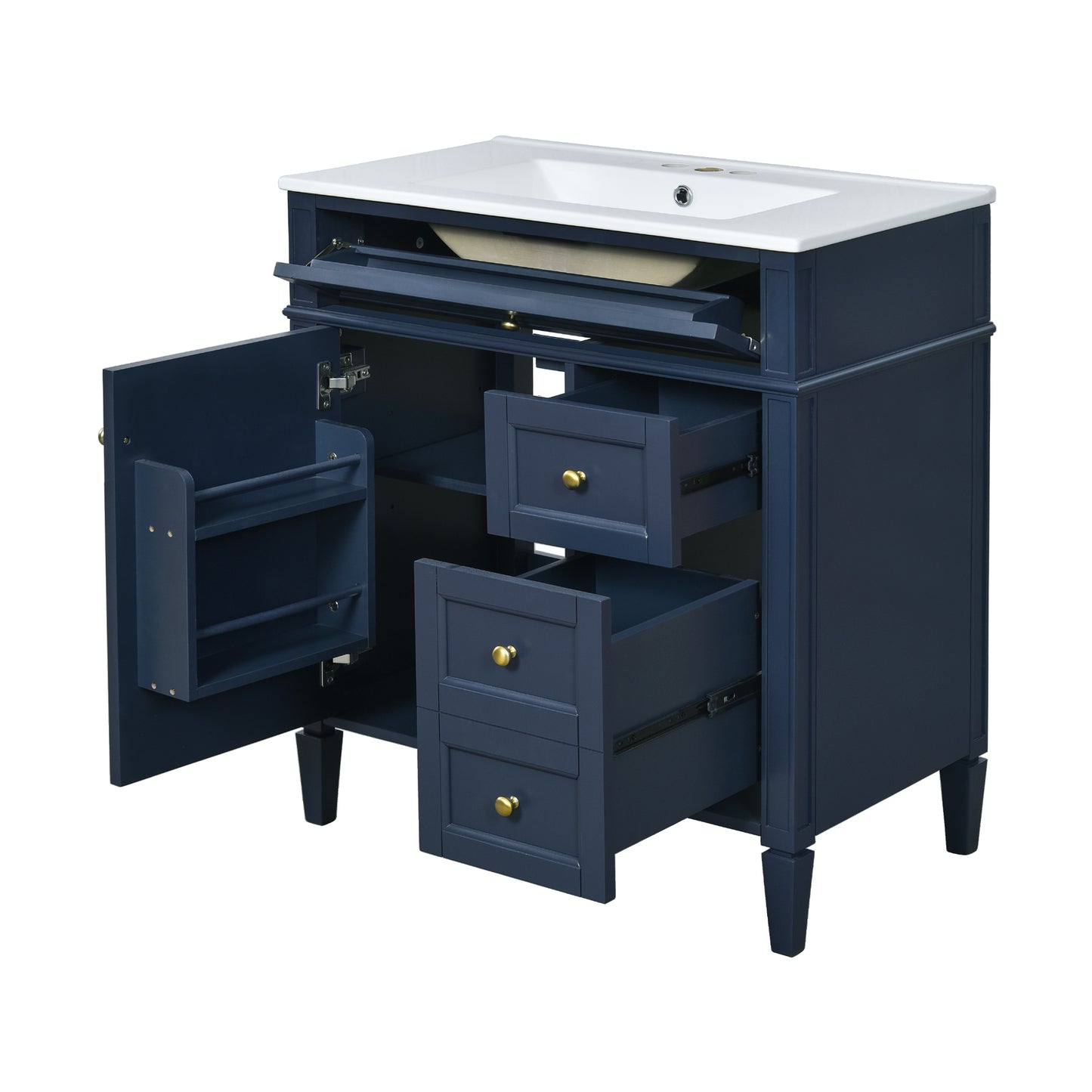 VanityFus 30-in Blue Bathroom Vanity Single Sink Combo with Ceramic Top Undermount 1 Soft Close Door 3 Drawers Adjustable Shelves