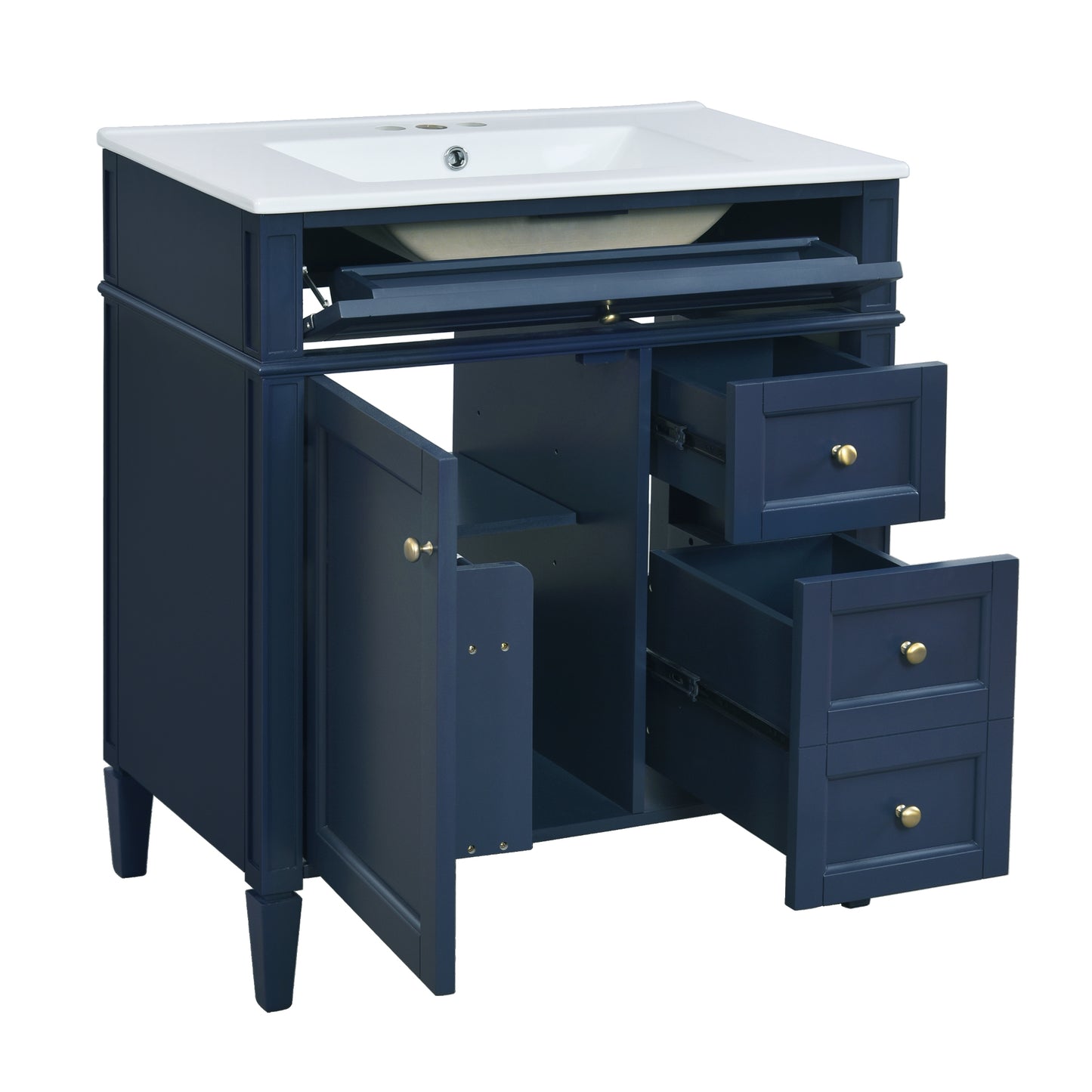 VanityFus 30-in Blue Bathroom Vanity Single Sink Combo with Ceramic Top Undermount 1 Soft Close Door 3 Drawers Adjustable Shelves