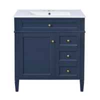 VanityFus 30-in Blue Bathroom Vanity Single Sink Combo with Ceramic Top Undermount 1 Soft Close Door 3 Drawers Adjustable Shelves