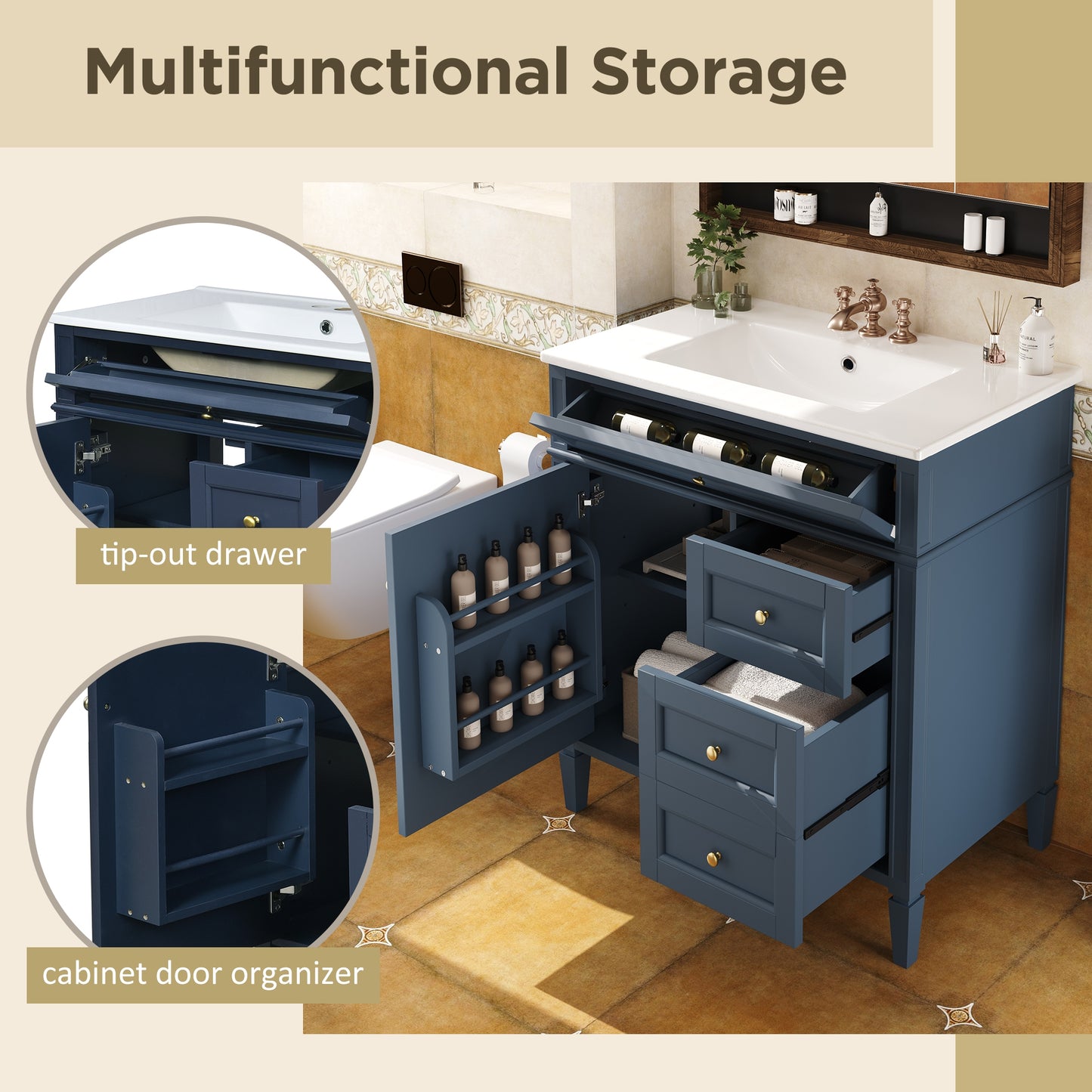 VanityFus 30-in Blue Bathroom Vanity Single Sink Combo with Ceramic Top Undermount 1 Soft Close Door 3 Drawers Adjustable Shelves