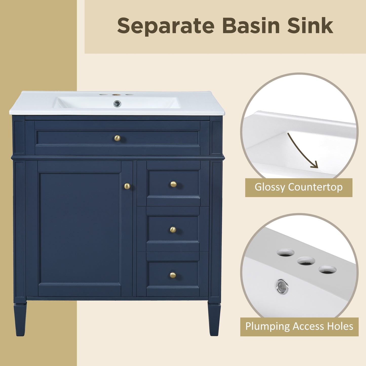 VanityFus 30-in Blue Bathroom Vanity Single Sink Combo with Ceramic Top Undermount 1 Soft Close Door 3 Drawers Adjustable Shelves