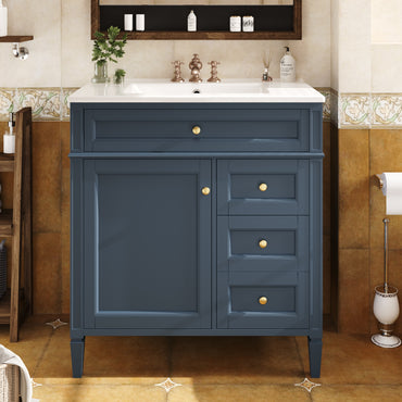 VanityFus 30-in Blue Bathroom Vanity Single Sink Combo with Ceramic Top Undermount 1 Soft Close Door 3 Drawers Adjustable Shelves