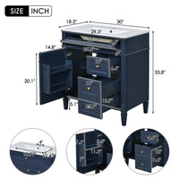 VanityFus 30-in Blue Bathroom Vanity Single Sink Combo with Ceramic Top Undermount 1 Soft Close Door 3 Drawers Adjustable Shelves