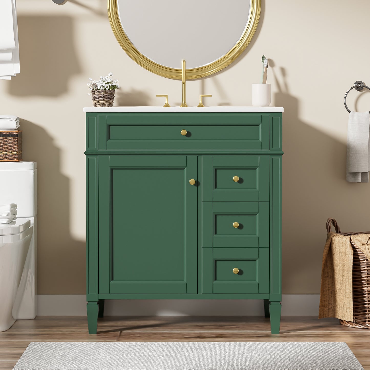 VanityFus 30-in Green Bathroom Vanity Single Sink Combo with Ceramic Top Undermount 1 Soft Close Door 3 Drawers Adjustable Shelves