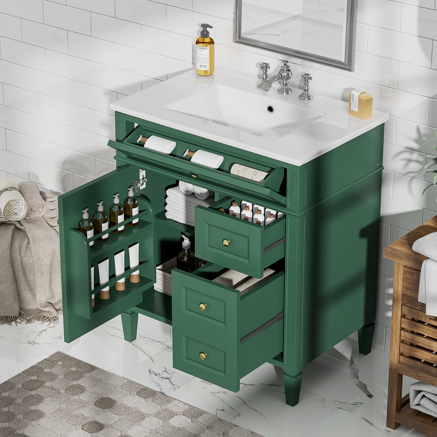 VanityFus 30-in Green Bathroom Vanity Single Sink Combo with Ceramic Top Undermount 1 Soft Close Door 3 Drawers Adjustable Shelves