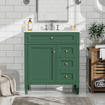 VanityFus 30-in Green Bathroom Vanity Single Sink Combo with Ceramic Top Undermount 1 Soft Close Door 3 Drawers Adjustable Shelves