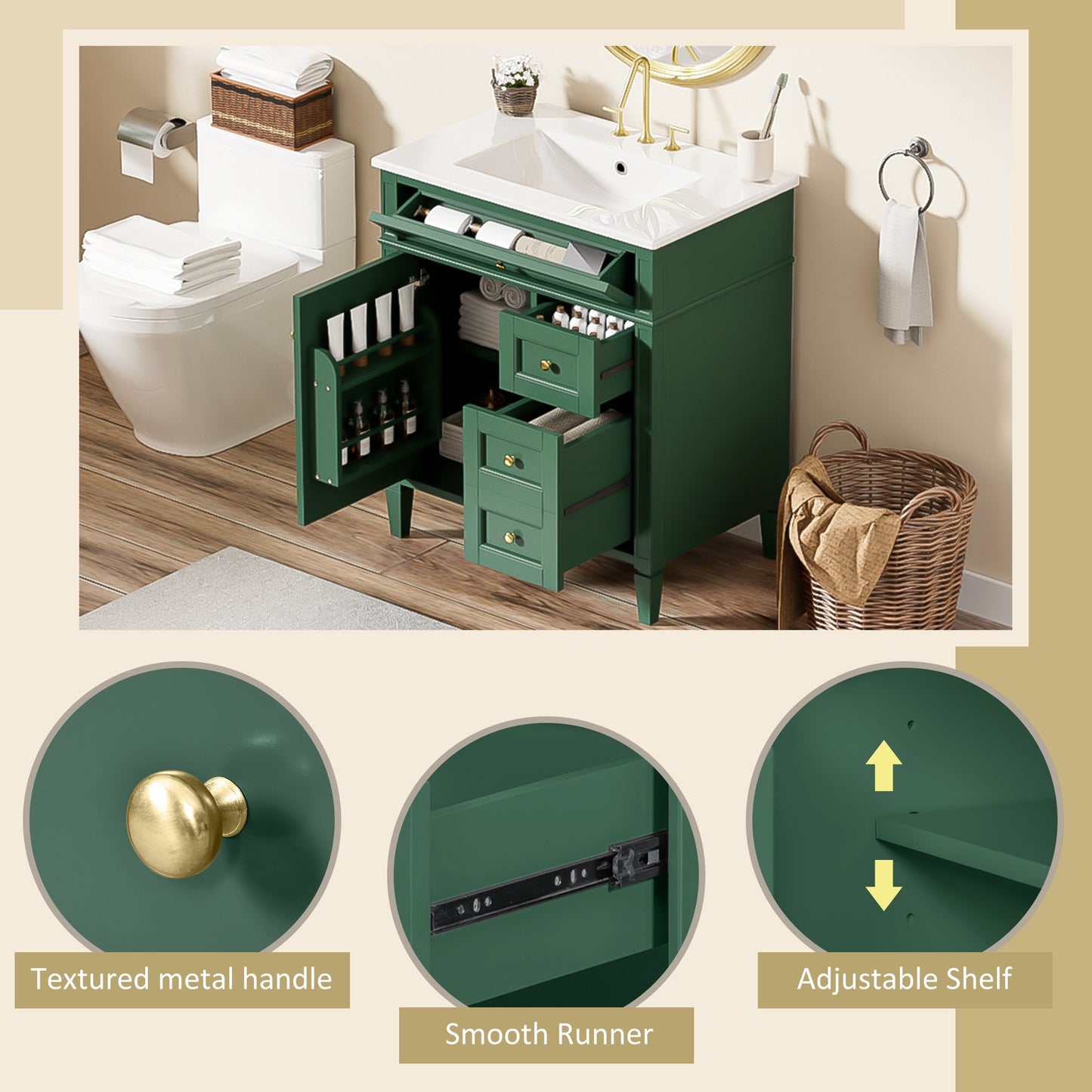 VanityFus 30-in Green Bathroom Vanity Single Sink Combo with Ceramic Top Undermount 1 Soft Close Door 3 Drawers Adjustable Shelves