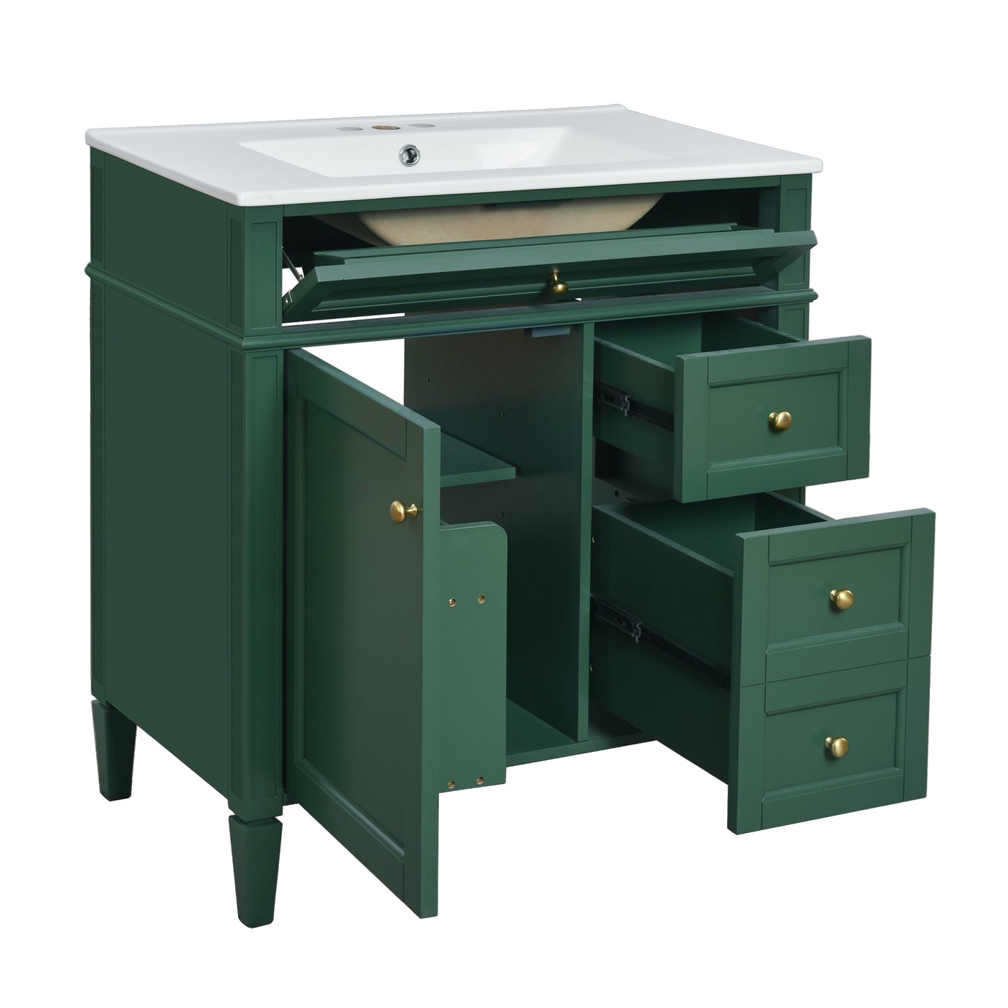 VanityFus 30-in Green Bathroom Vanity Single Sink Combo with Ceramic Top Undermount 1 Soft Close Door 3 Drawers Adjustable Shelves