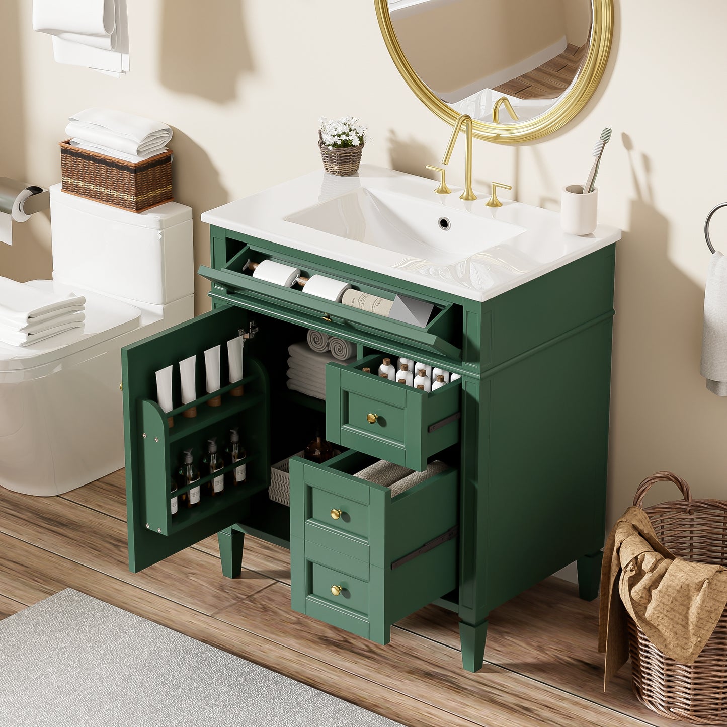 VanityFus 30-in Green Bathroom Vanity Single Sink Combo with Ceramic Top Undermount 1 Soft Close Door 3 Drawers Adjustable Shelves
