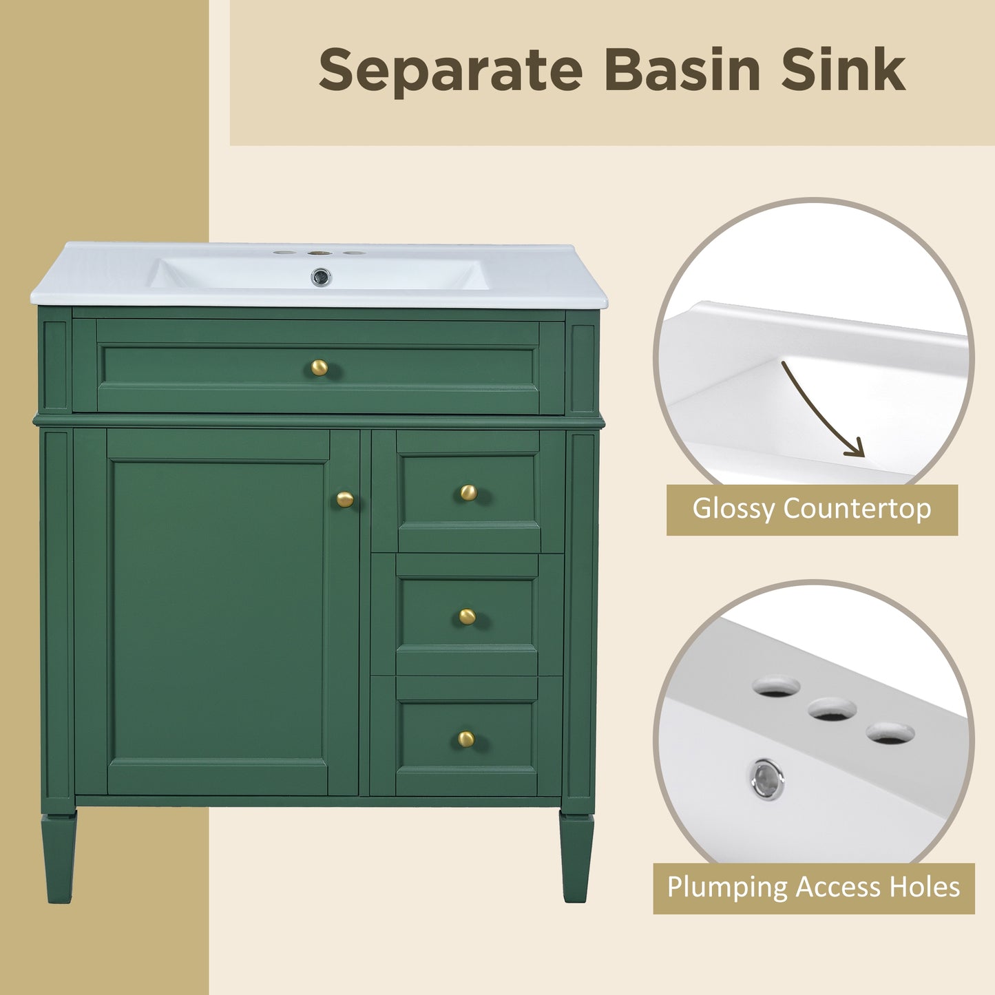VanityFus 30-in Green Bathroom Vanity Single Sink Combo with Ceramic Top Undermount 1 Soft Close Door 3 Drawers Adjustable Shelves