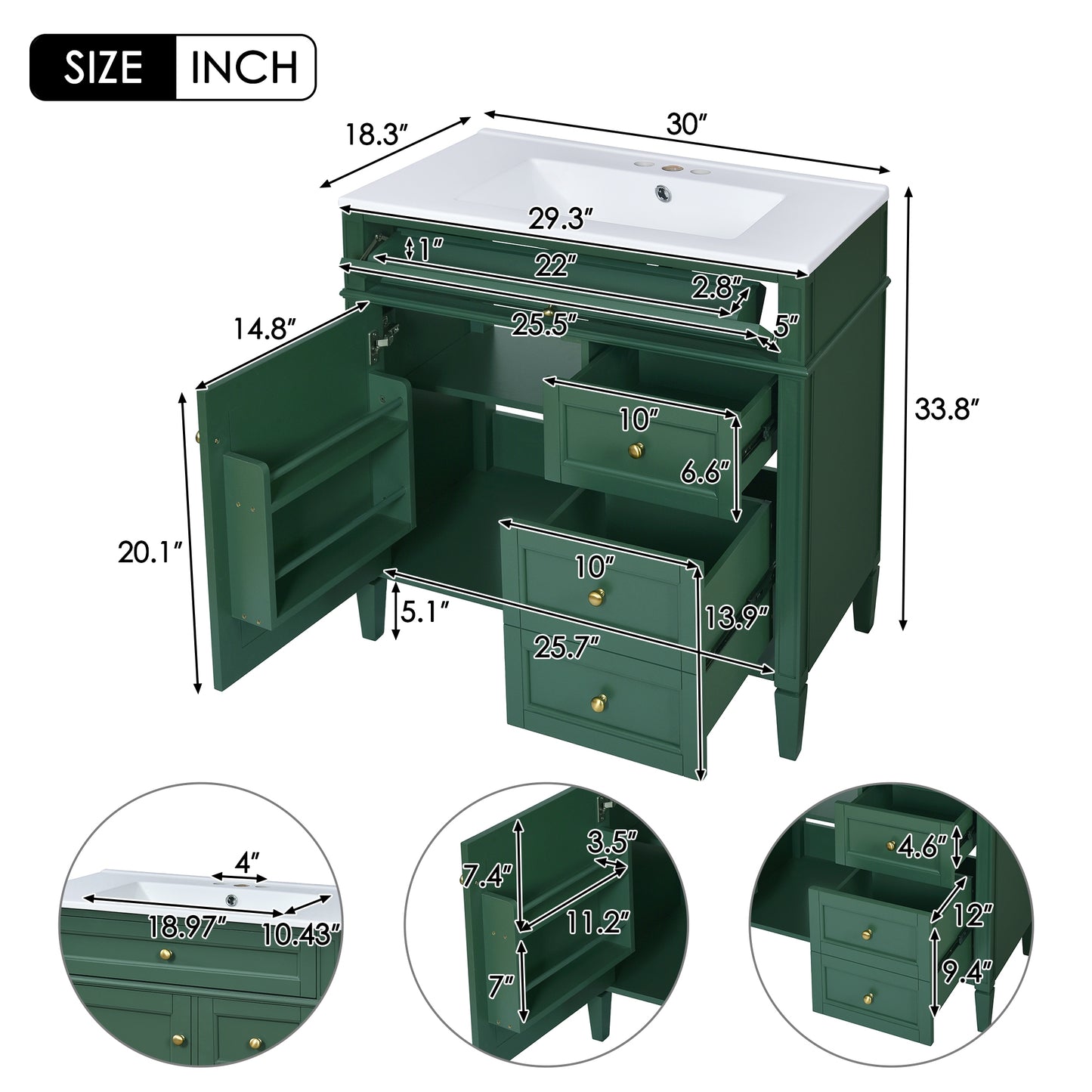 VanityFus 30-in Green Bathroom Vanity Single Sink Combo with Ceramic Top Undermount 1 Soft Close Door 3 Drawers Adjustable Shelves