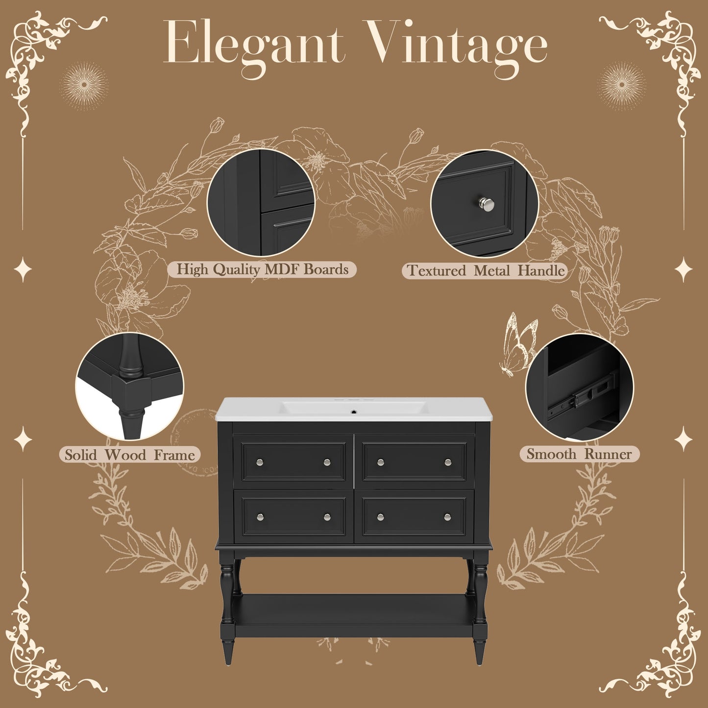 VanityFus 36-in Black Bathroom Vanity Single Sink Combo with Ceramic Top Undermount 4 Drawers