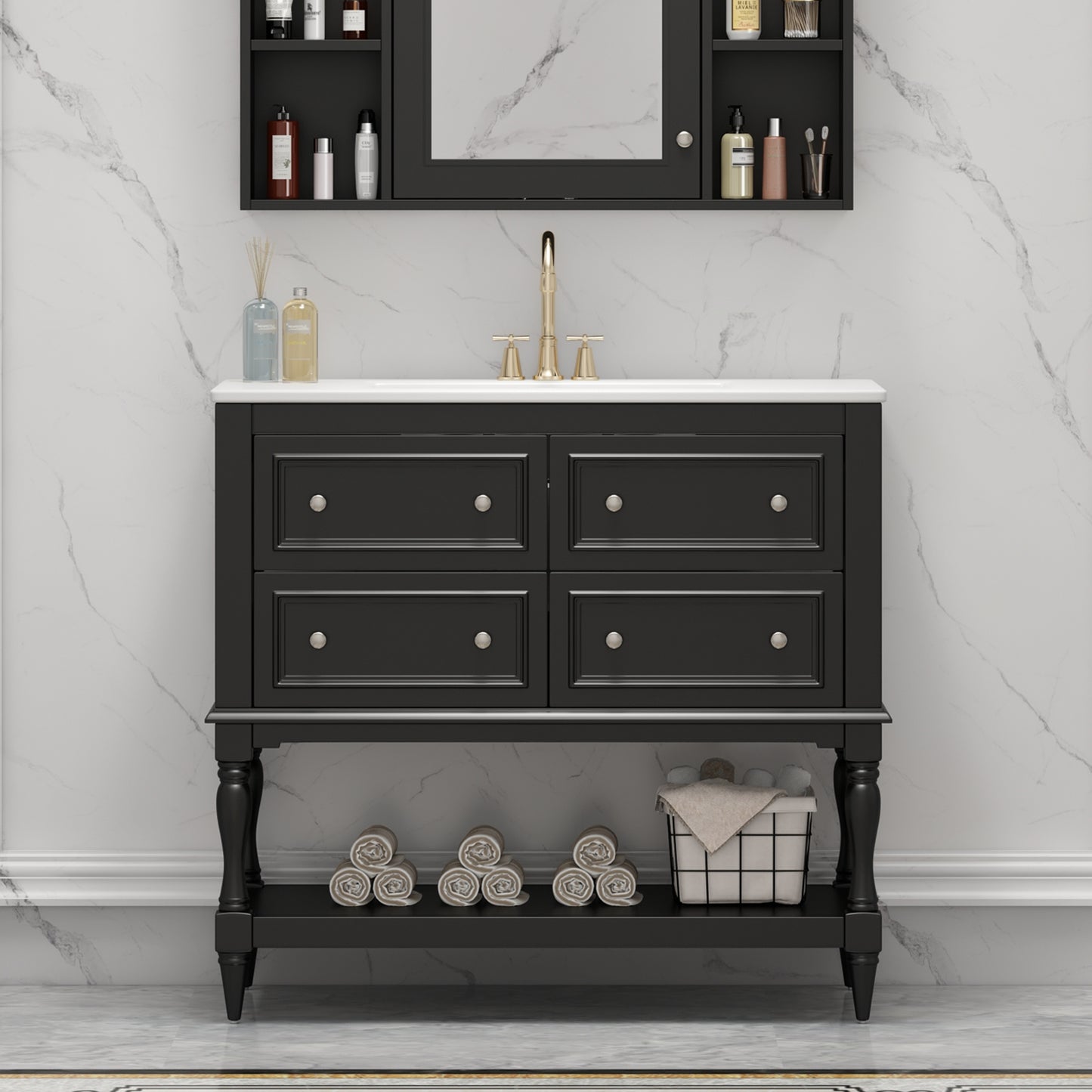 VanityFus 36-in Black Bathroom Vanity Single Sink Combo with Ceramic Top Undermount 4 Drawers