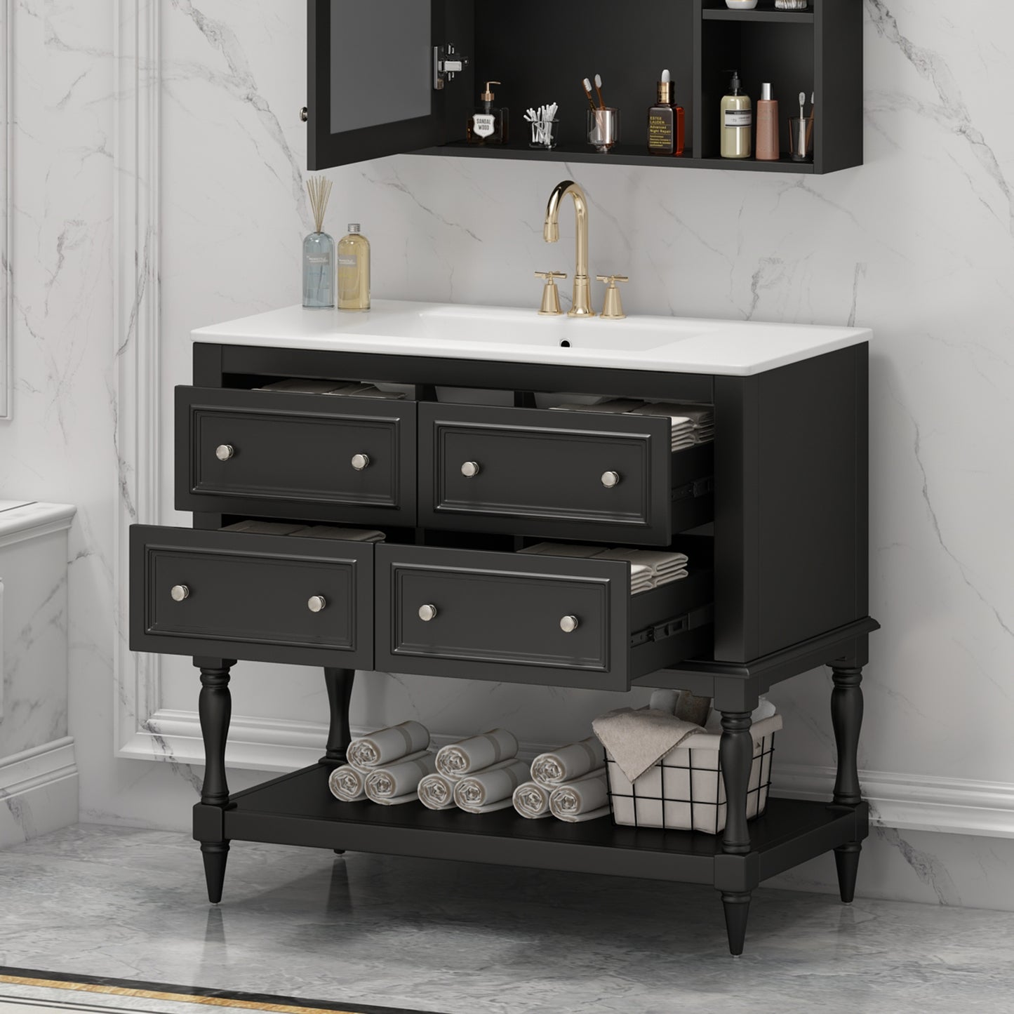 VanityFus 36-in Black Bathroom Vanity Single Sink Combo with Ceramic Top Undermount 4 Drawers