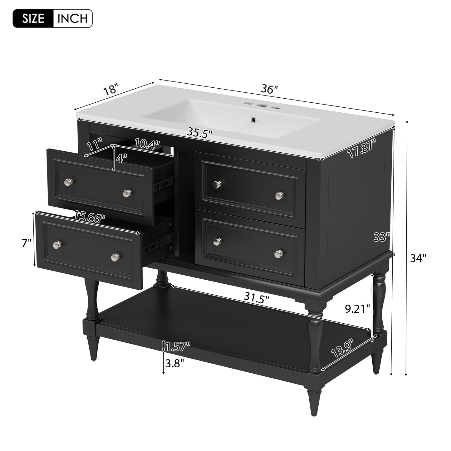 VanityFus 36-in Black Bathroom Vanity Single Sink Combo with Ceramic Top Undermount 4 Drawers