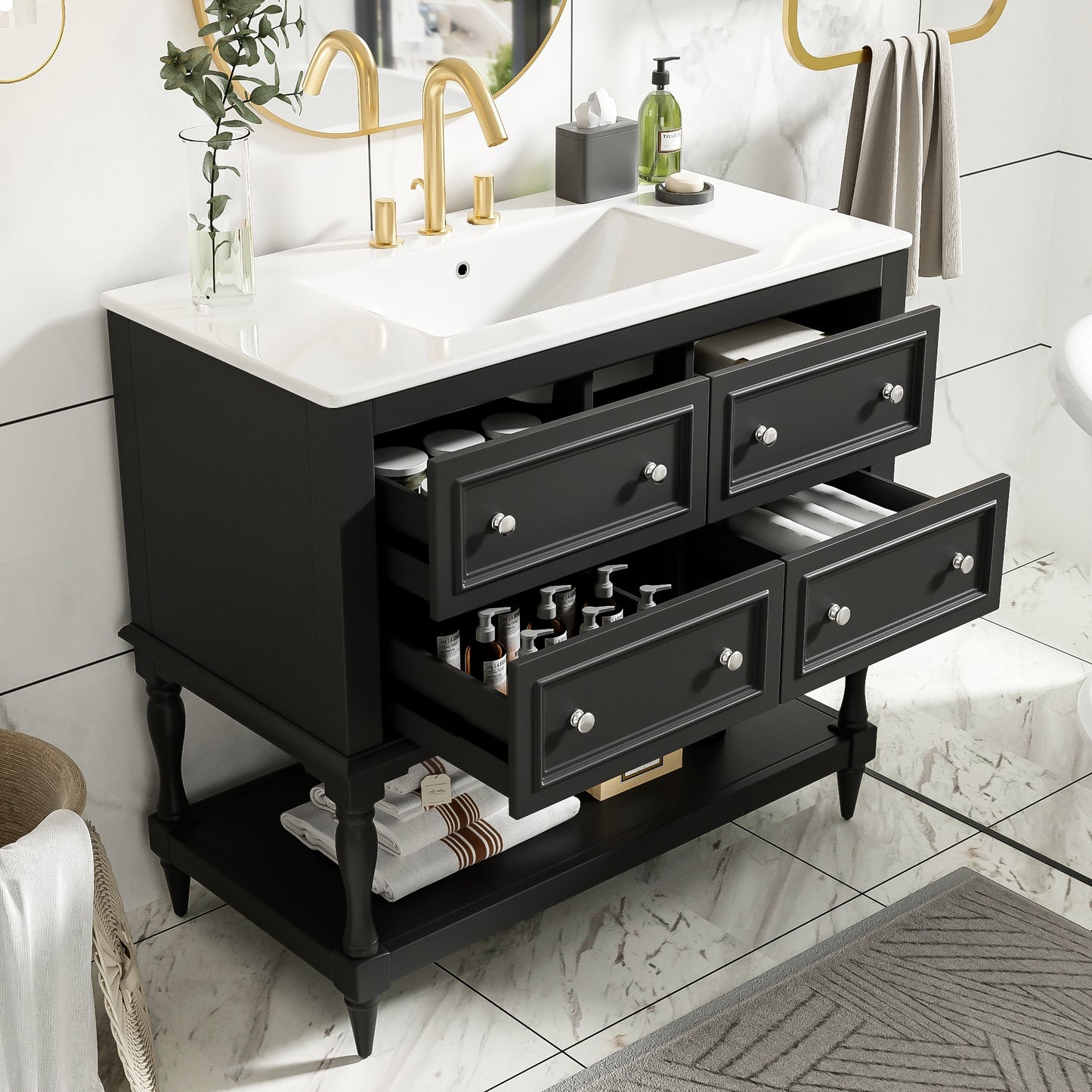 VanityFus 36-in Black Bathroom Vanity Single Sink Combo with Ceramic Top Undermount 4 Drawers