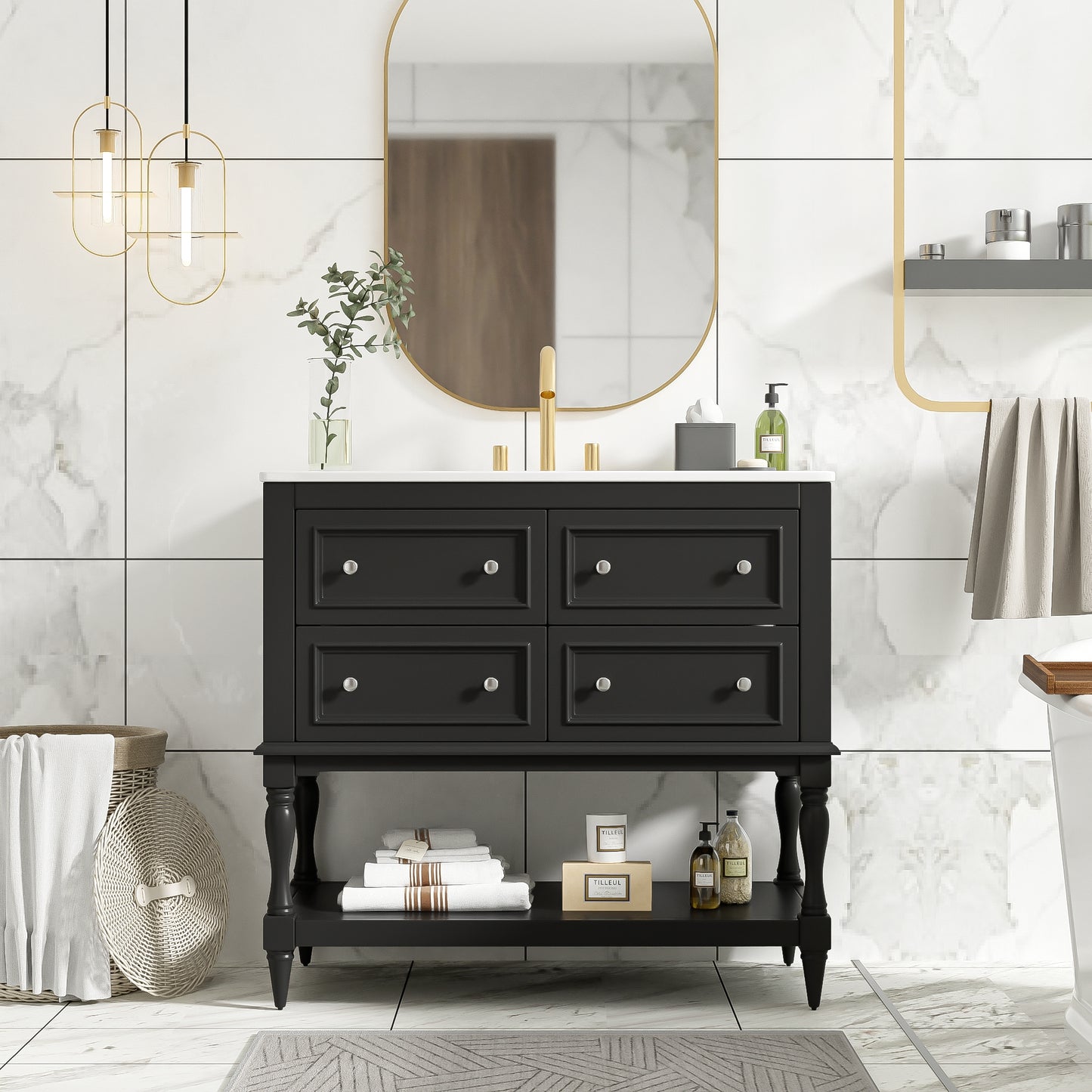 VanityFus 36-in Black Bathroom Vanity Single Sink Combo with Ceramic Top Undermount 4 Drawers
