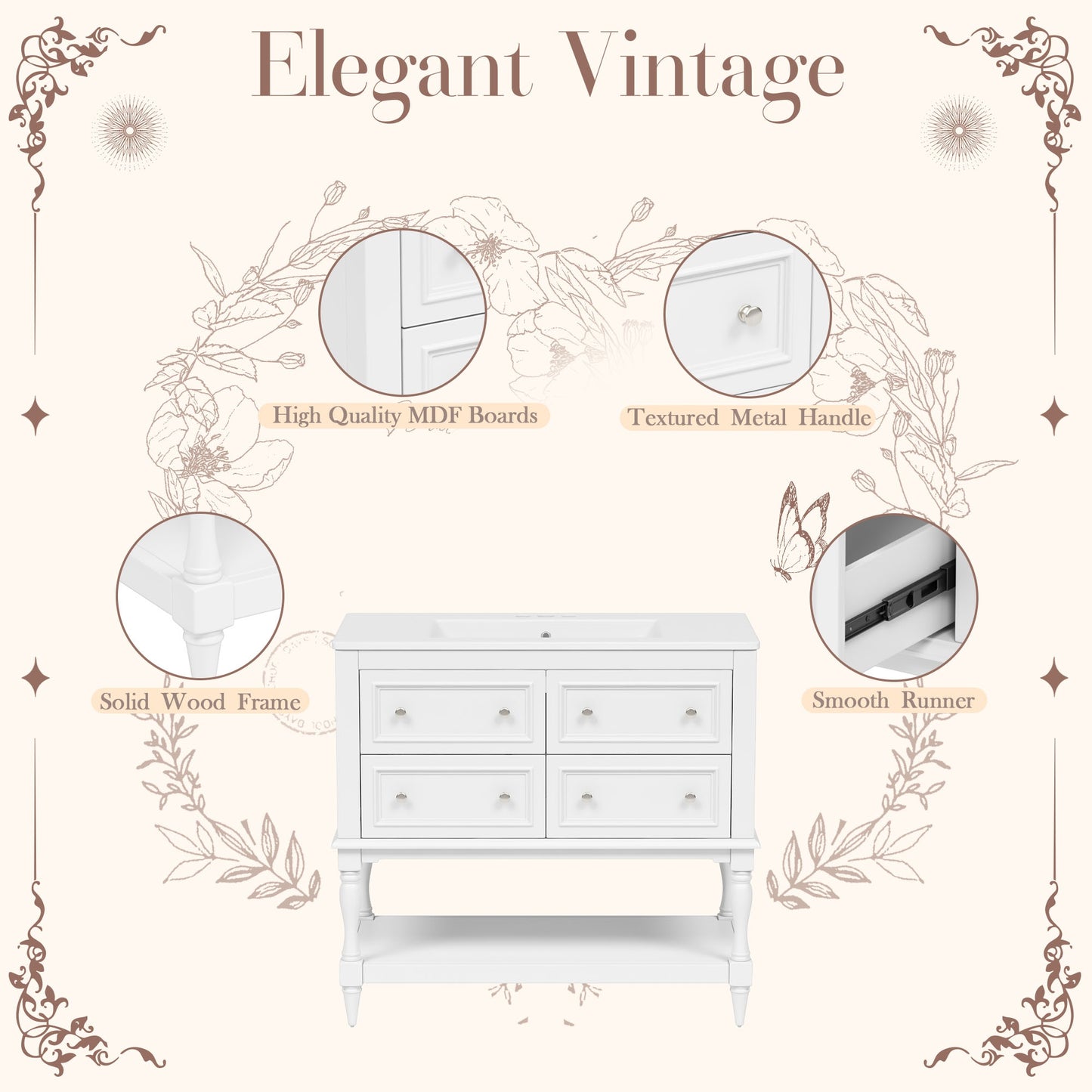 VanityFus 36-in White Bathroom Vanity Single Sink Combo with Ceramic Top Undermount 4 Drawers