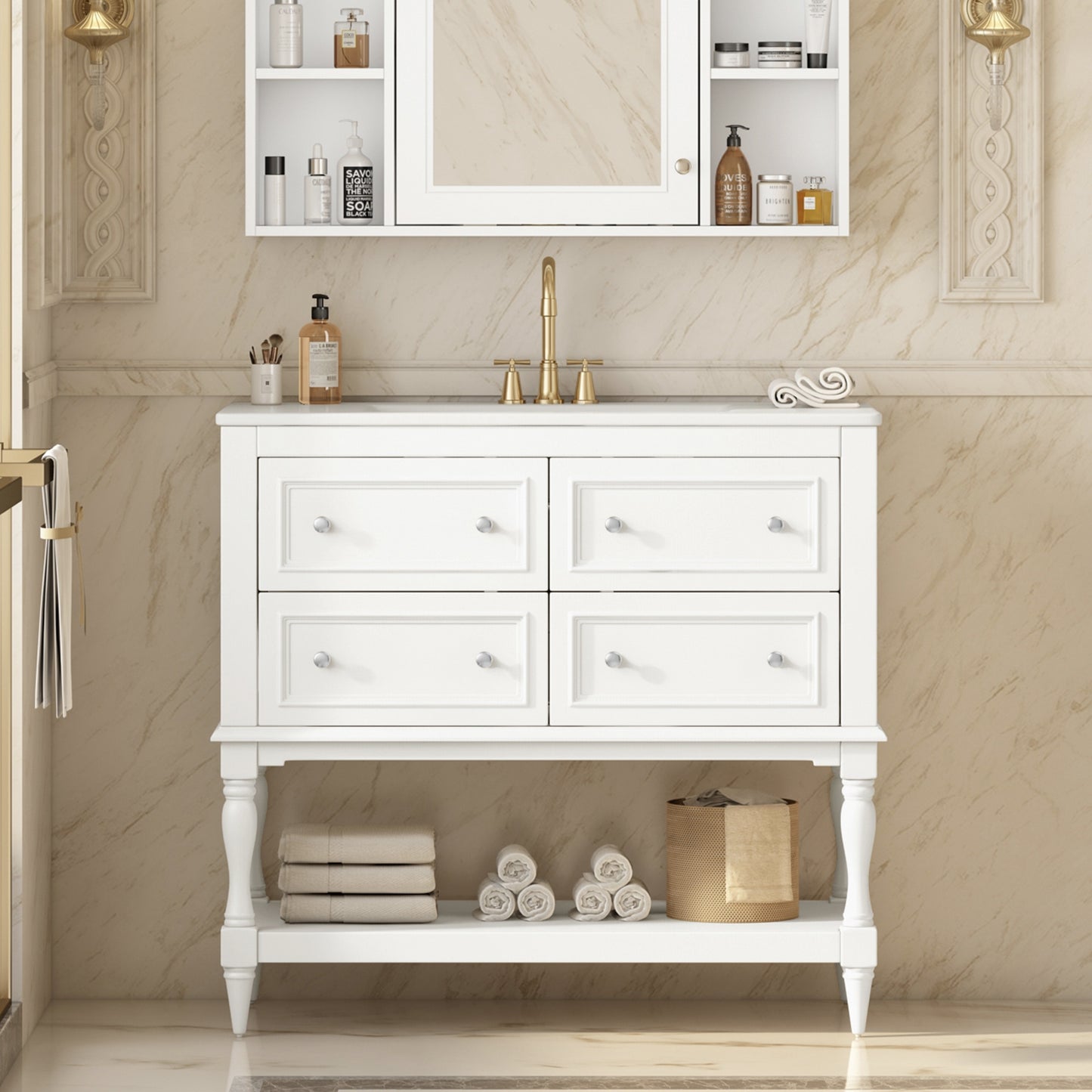 VanityFus 36-in White Bathroom Vanity Single Sink Combo with Ceramic Top Undermount 4 Drawers