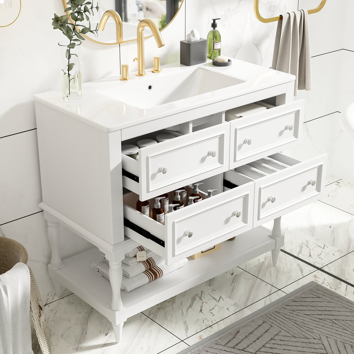 VanityFus 36-in White Bathroom Vanity Single Sink Combo with Ceramic Top Undermount 4 Drawers