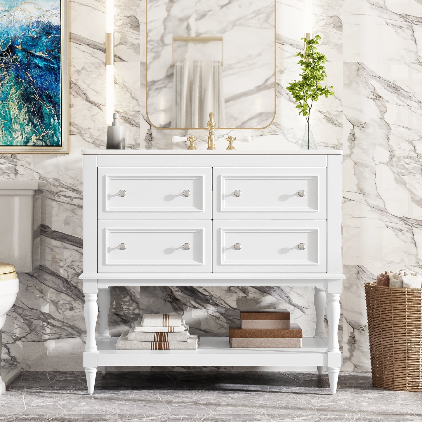 VanityFus 36-in White Bathroom Vanity Single Sink Combo with Ceramic Top Undermount 4 Drawers