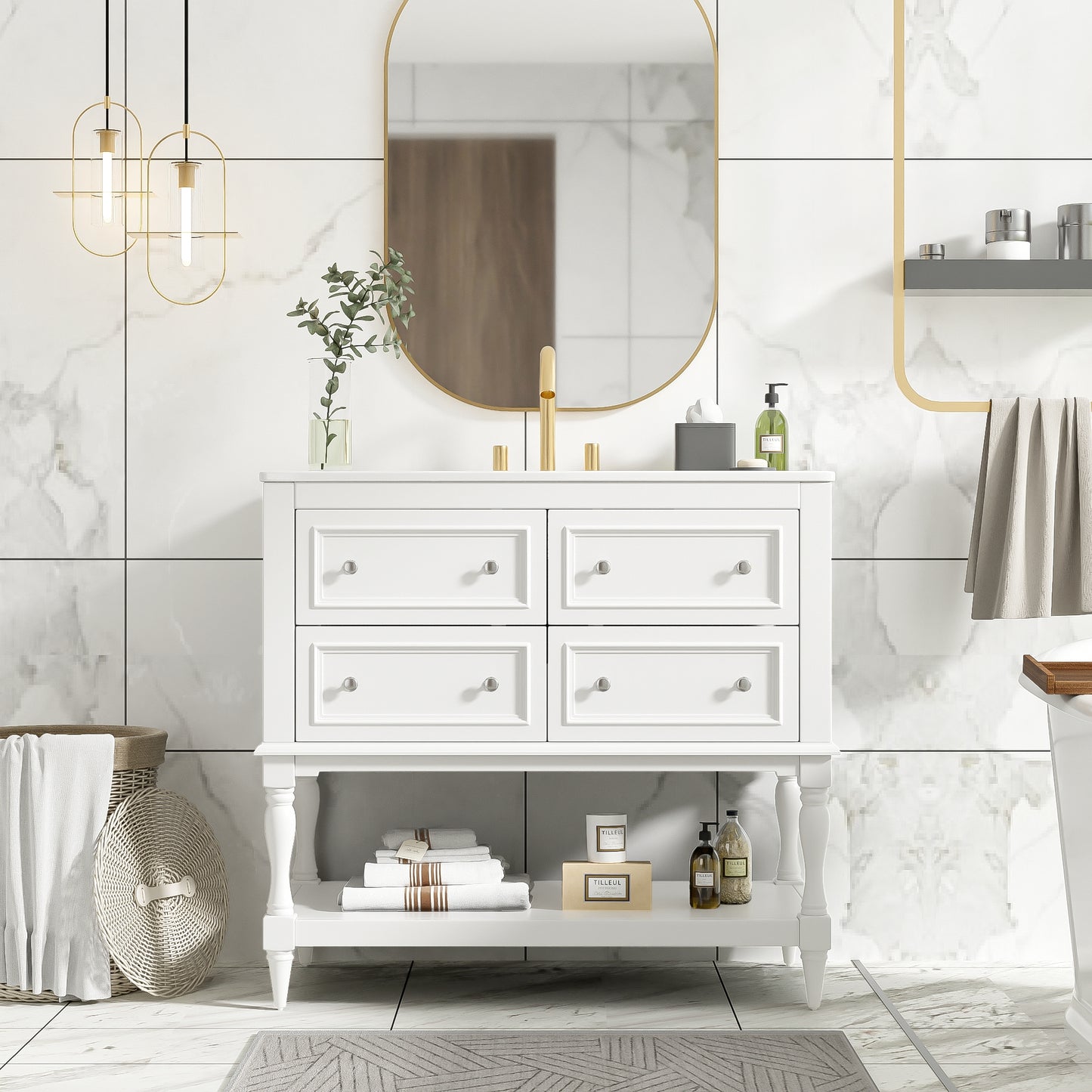 VanityFus 36-in White Bathroom Vanity Single Sink Combo with Ceramic Top Undermount 4 Drawers