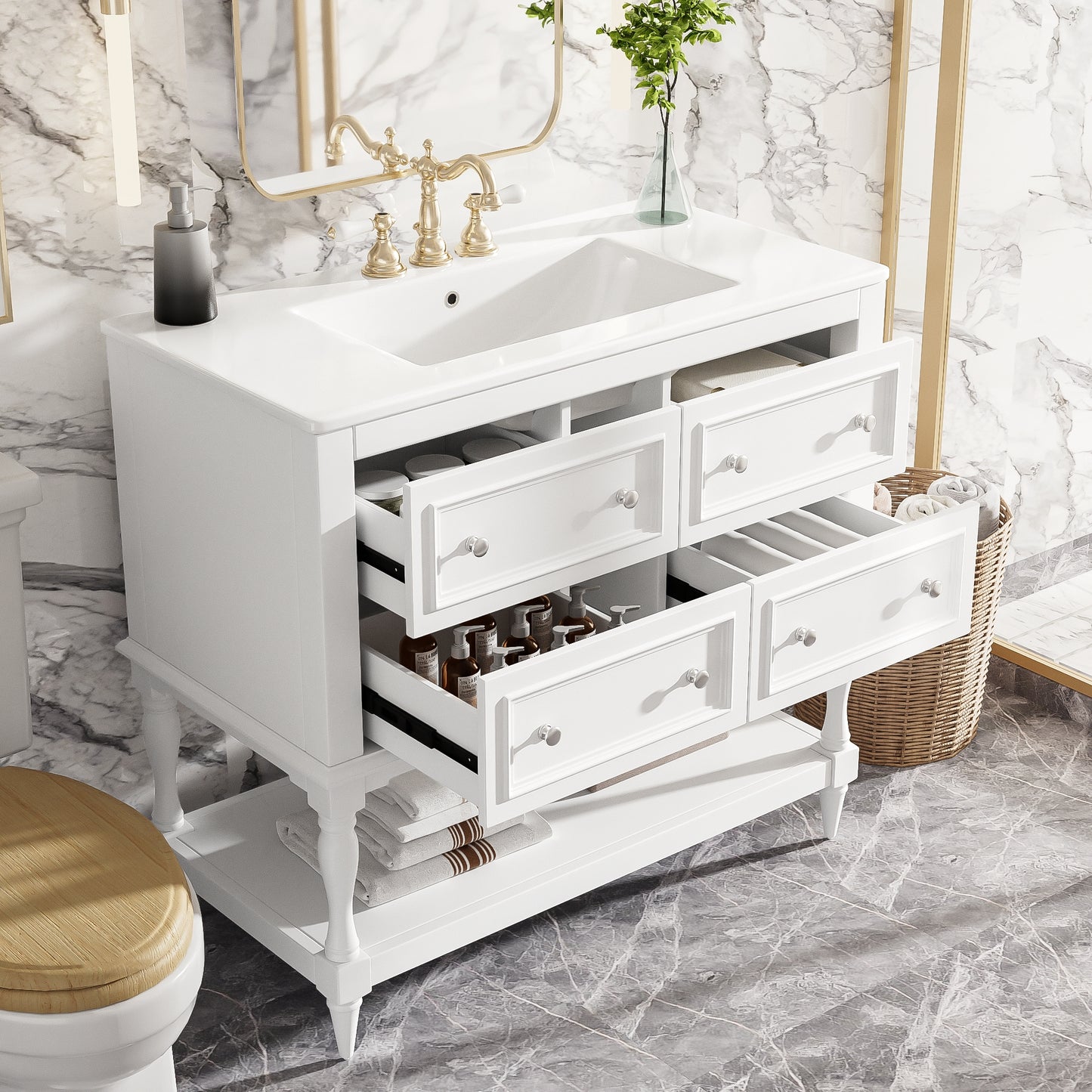 VanityFus 36-in White Bathroom Vanity Single Sink Combo with Ceramic Top Undermount 4 Drawers
