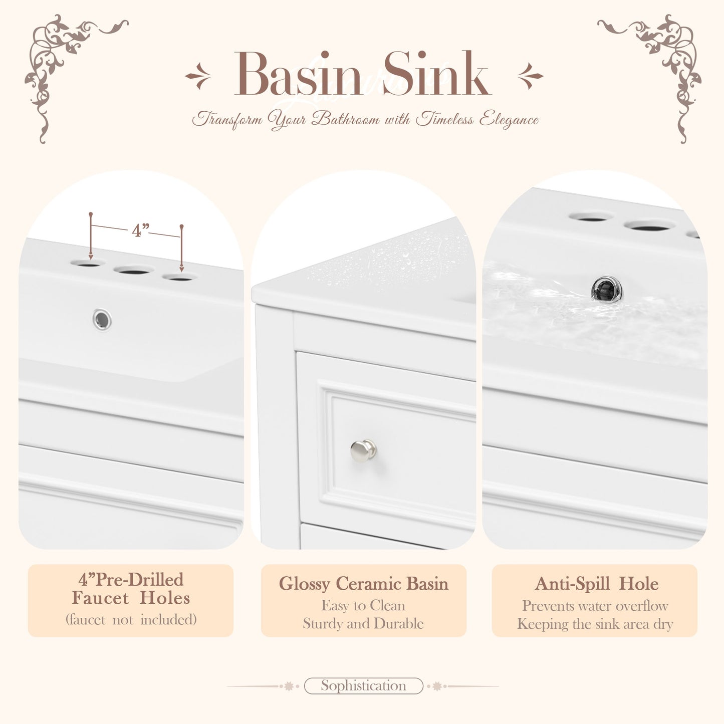 VanityFus 36-in White Bathroom Vanity Single Sink Combo with Ceramic Top Undermount 4 Drawers