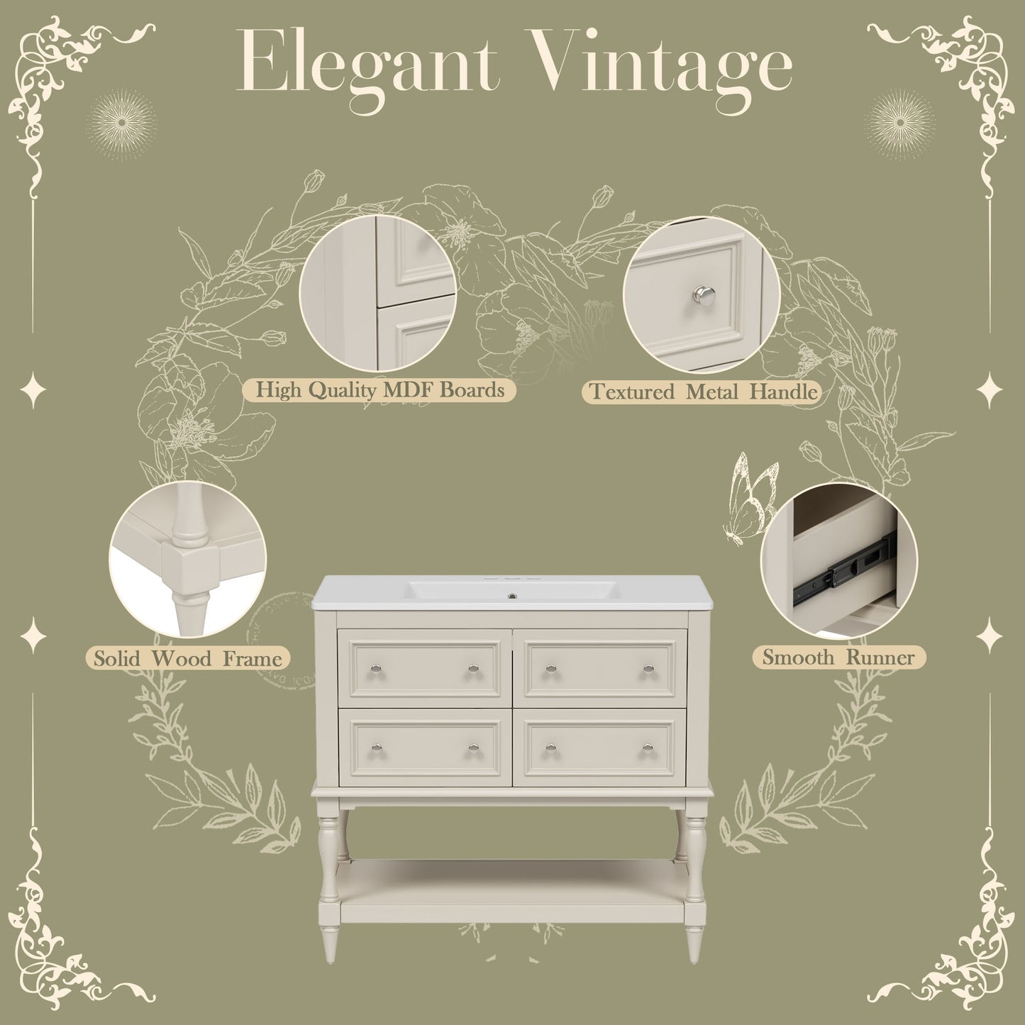 VanityFus 36-in Beige Bathroom Vanity Single Sink Combo with Ceramic Top Undermount 4 Drawers