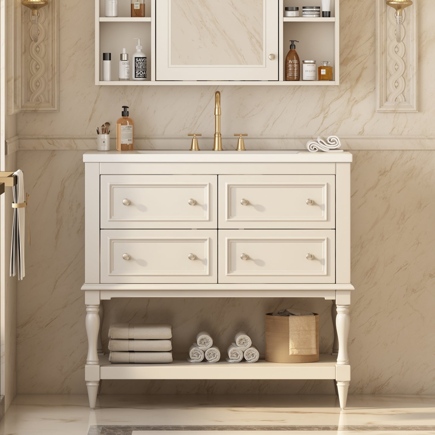 VanityFus 36-in Beige Bathroom Vanity Single Sink Combo with Ceramic Top Undermount 4 Drawers
