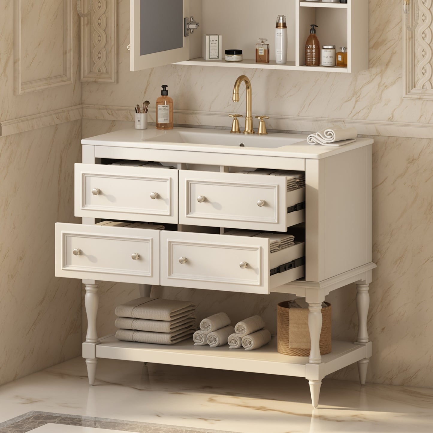 VanityFus 36-in Beige Bathroom Vanity Single Sink Combo with Ceramic Top Undermount 4 Drawers