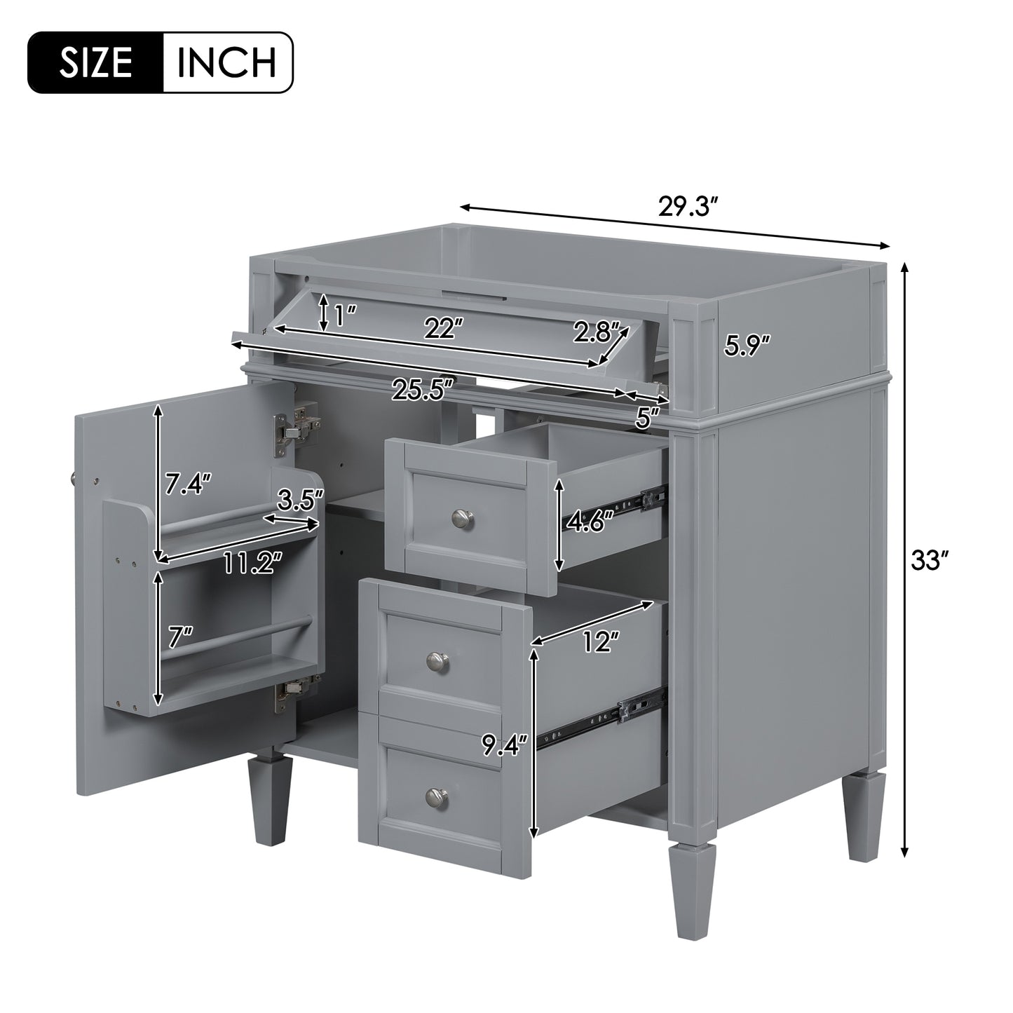 VanityFus 29.3-in Gray Bathroom Vanity Undermount 1 Soft Close Door 3 Drawers without Top Adjustable Shelves