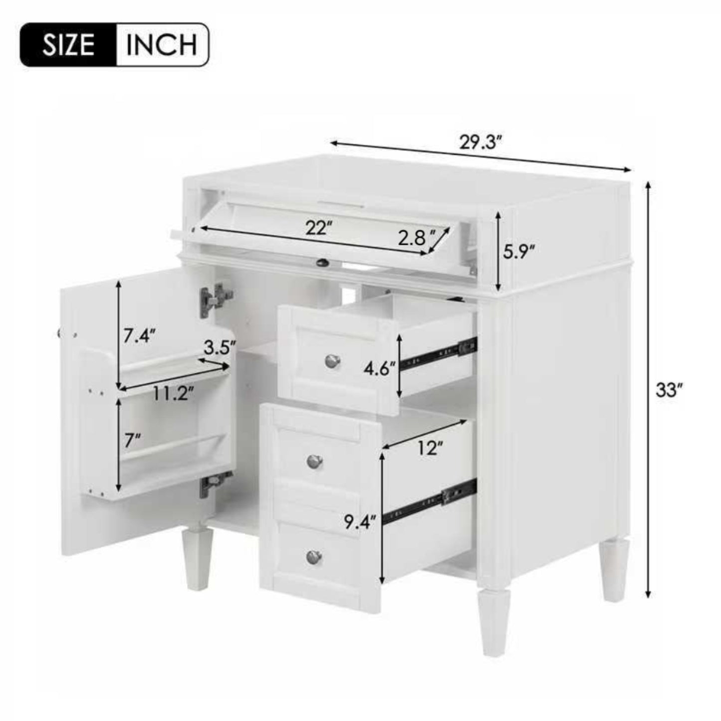 VanityFus 29.3-in White Bathroom Vanity Undermount 1 Soft Close Door 3 Drawers without Top Adjustable Shelves