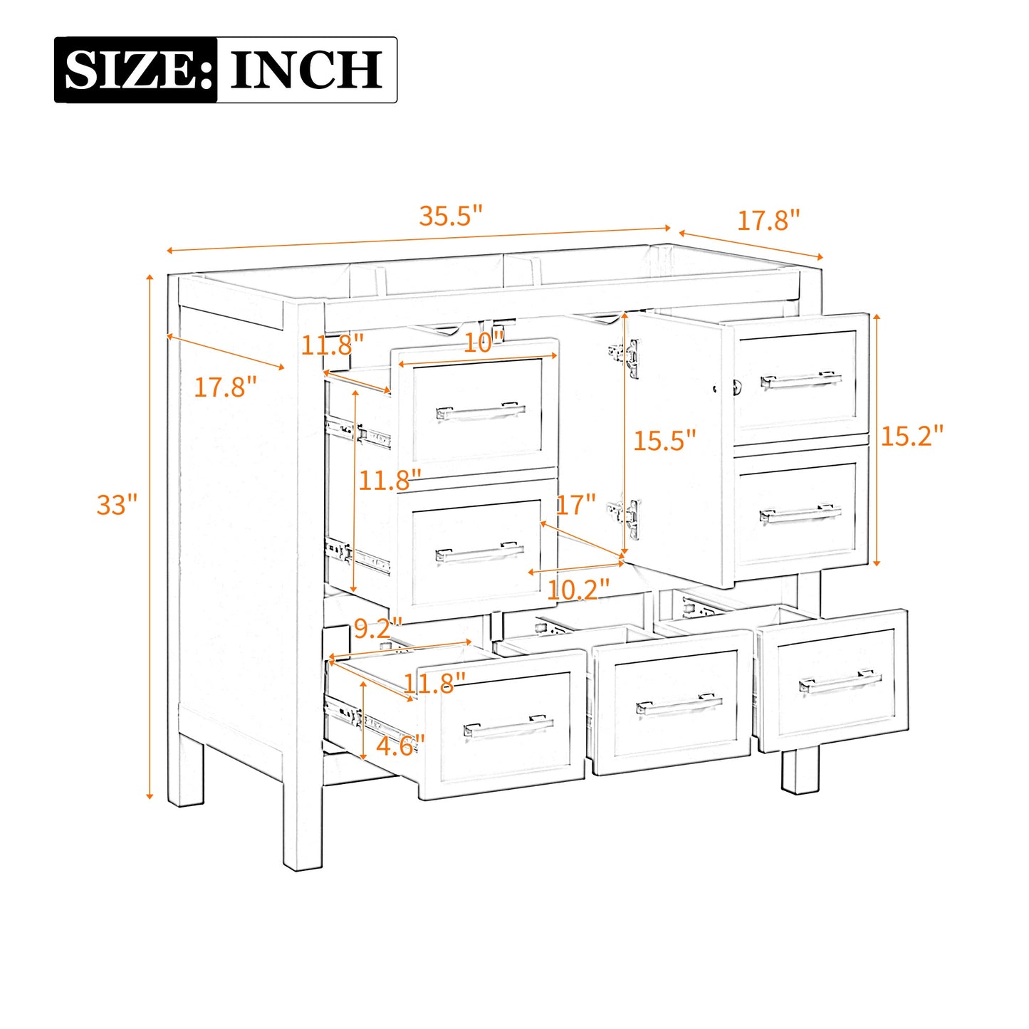 VanityFus 35.5-in White Bathroom Vanity Undermount 1 Soft Close Door 5 Drawers without Top