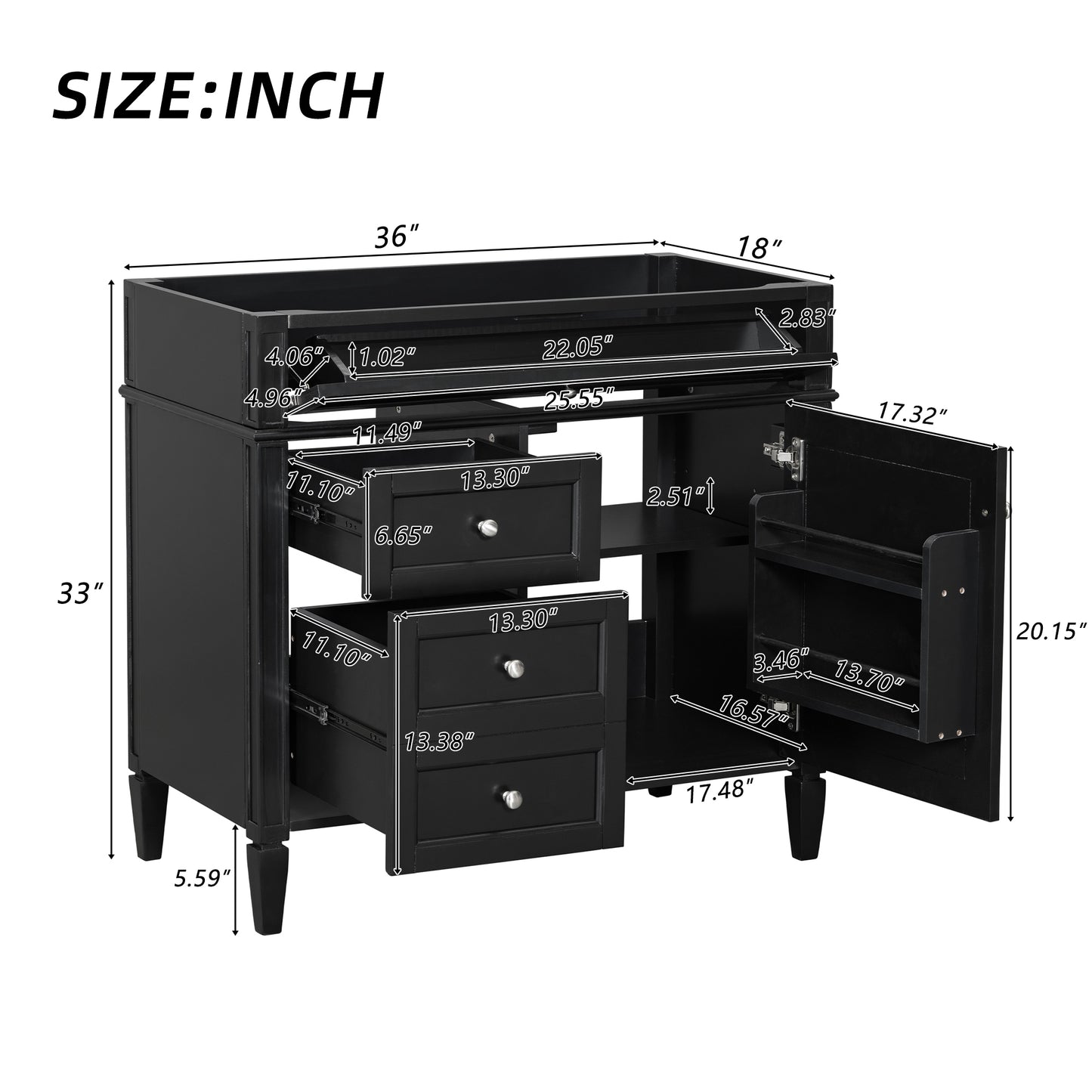VanityFus 36-in Black Bathroom Vanity Undermount 1 Soft Close Door 3 Drawers without Top Base Cabinet Adjustable Shelves