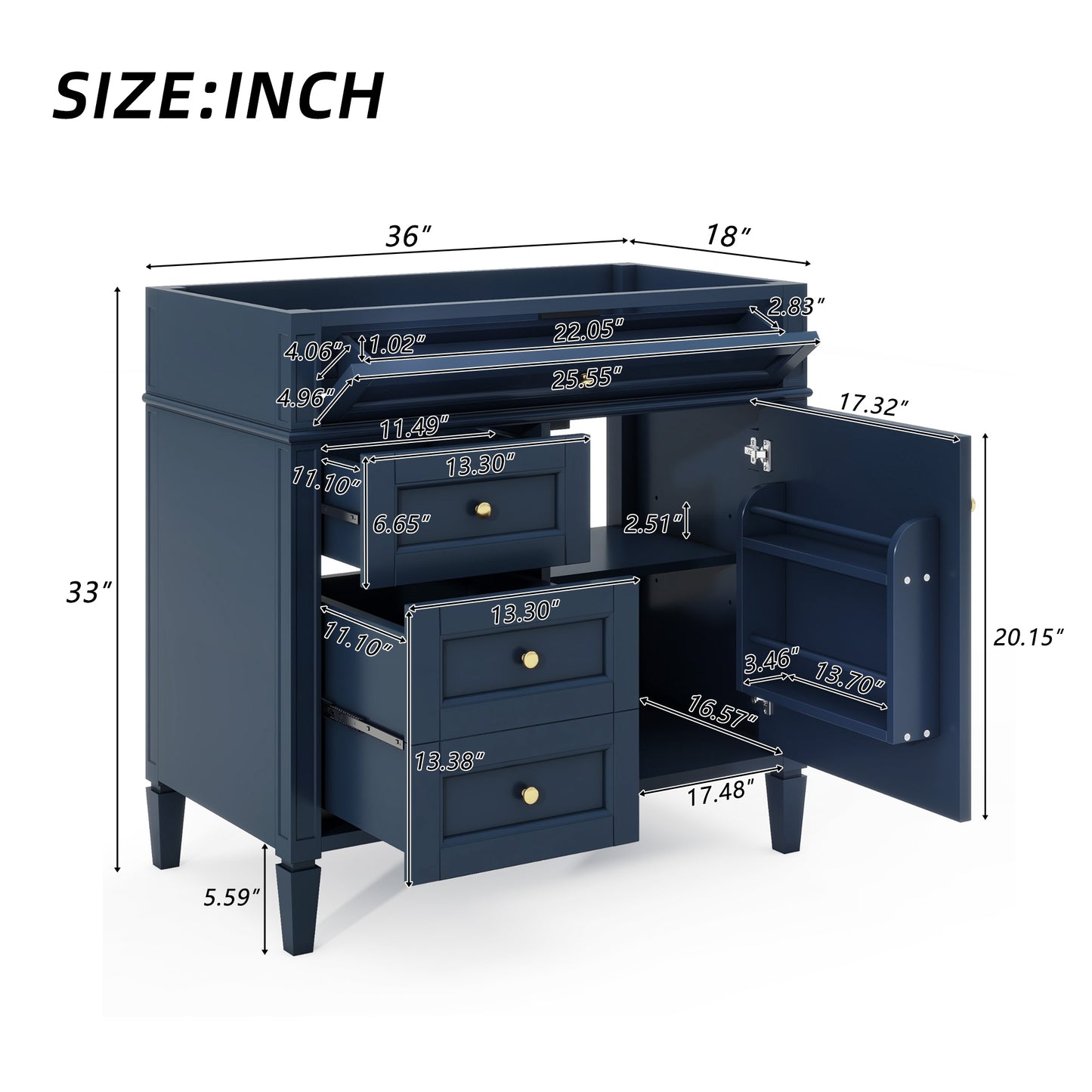 VanityFus 36-in Blue Bathroom Vanity Undermount 1 Soft Close Door 3 Drawers without Top Adjustable Shelves