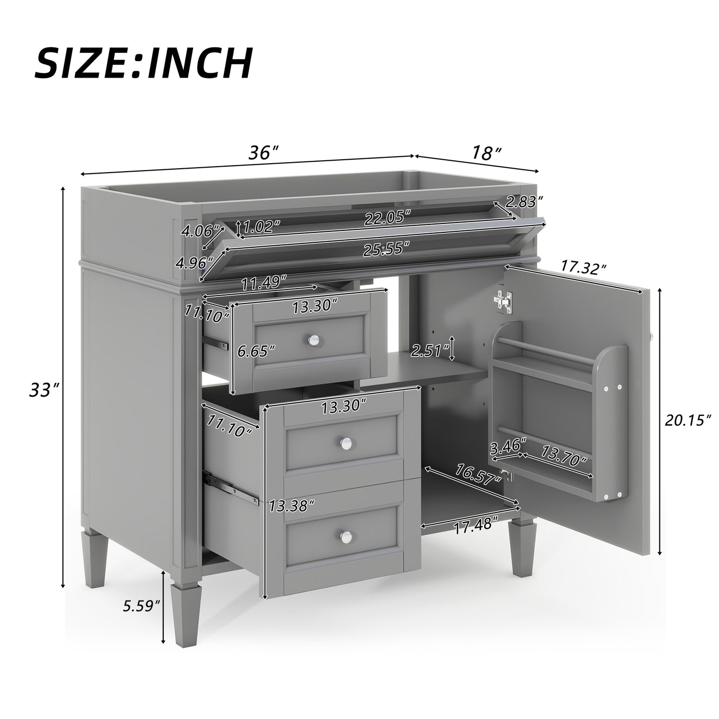 VanityFus 36-in Gray Bathroom Vanity Undermount 1 Soft Close Door 3 Drawers without Top Adjustable Shelves