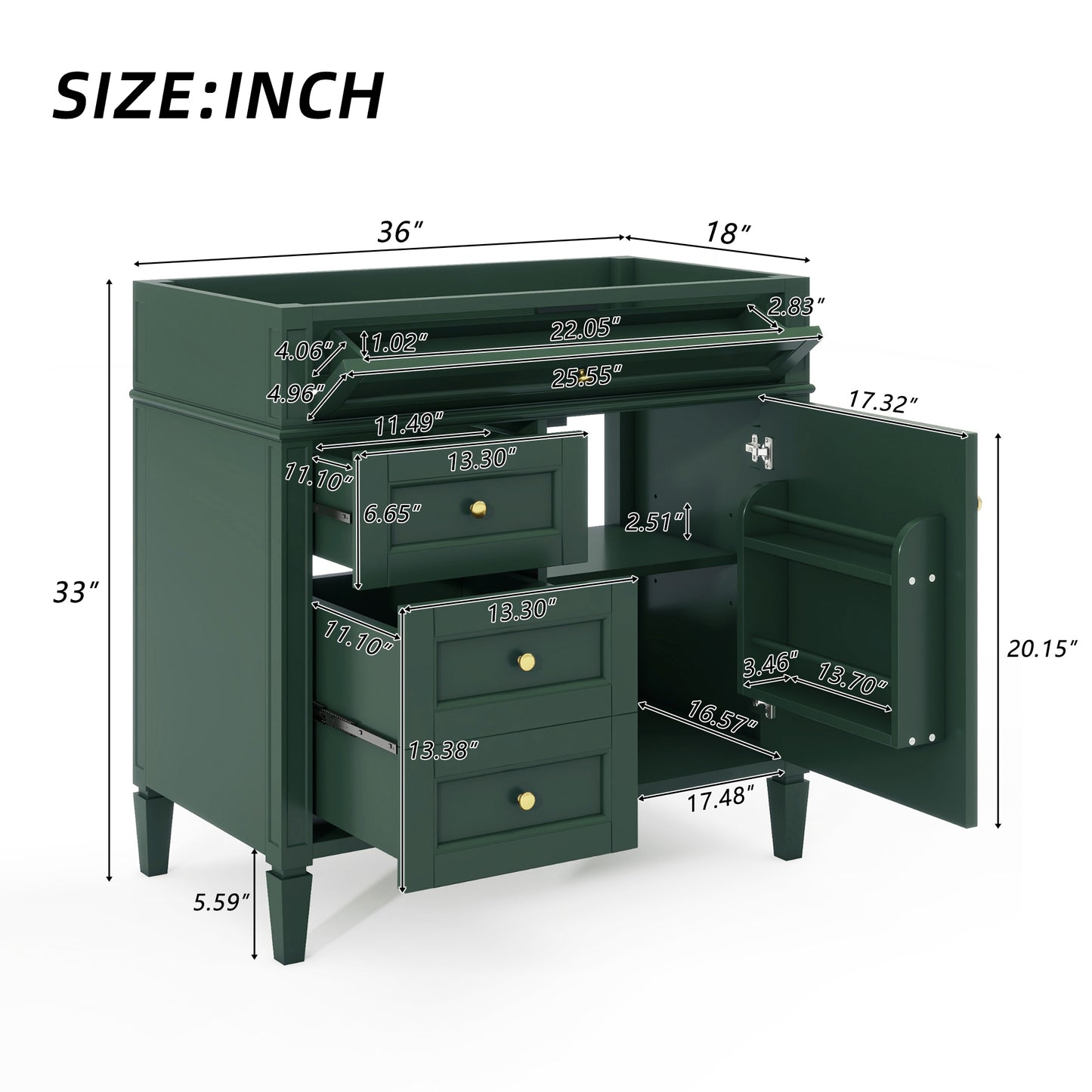 VanityFus 36-in Green Bathroom Vanity Undermount 1 Soft Close Door 3 Drawers without Top Adjustable Shelves