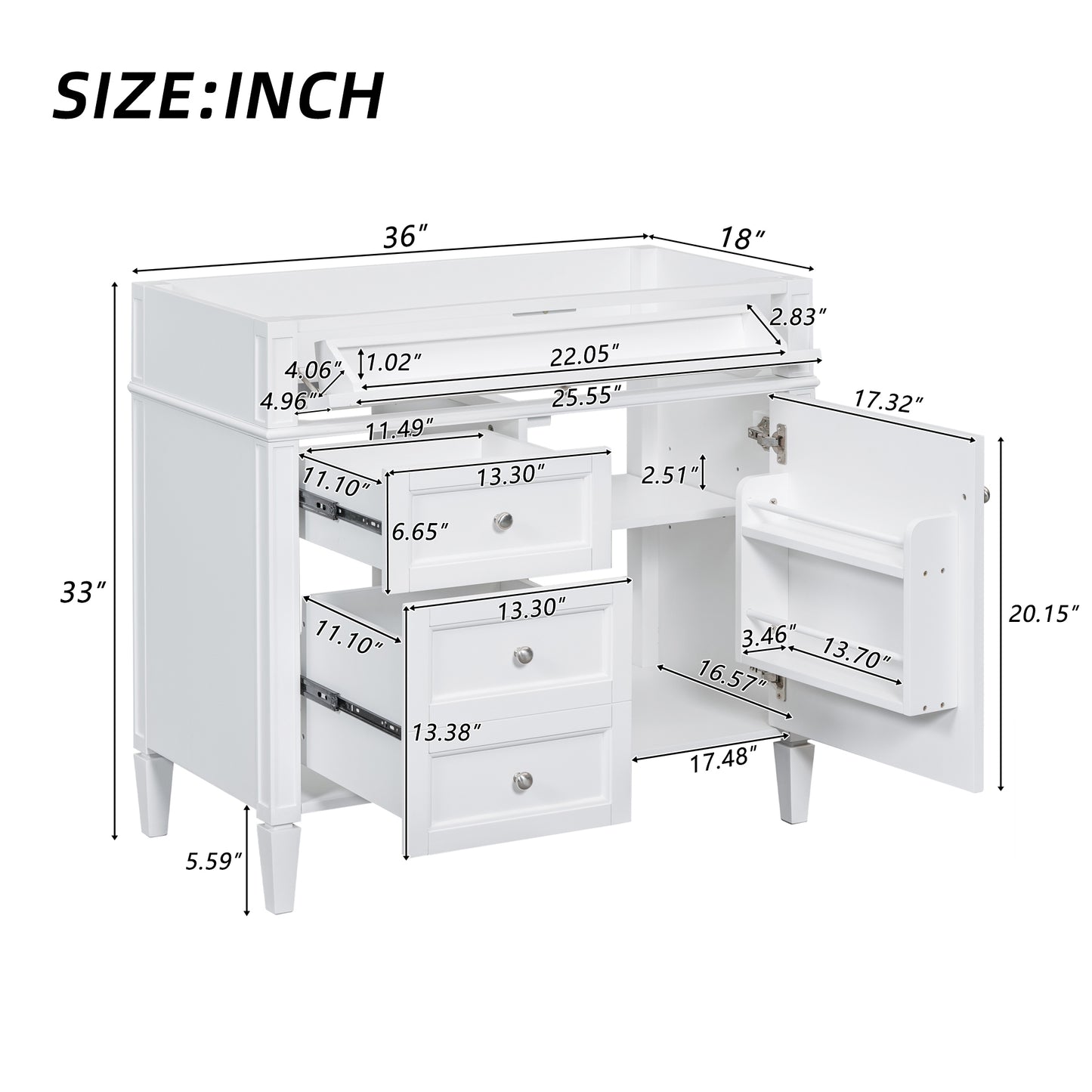 VanityFus 36-in White Bathroom Vanity Undermount 1 Soft Close Door 3 Drawers without Top Adjustable Shelves