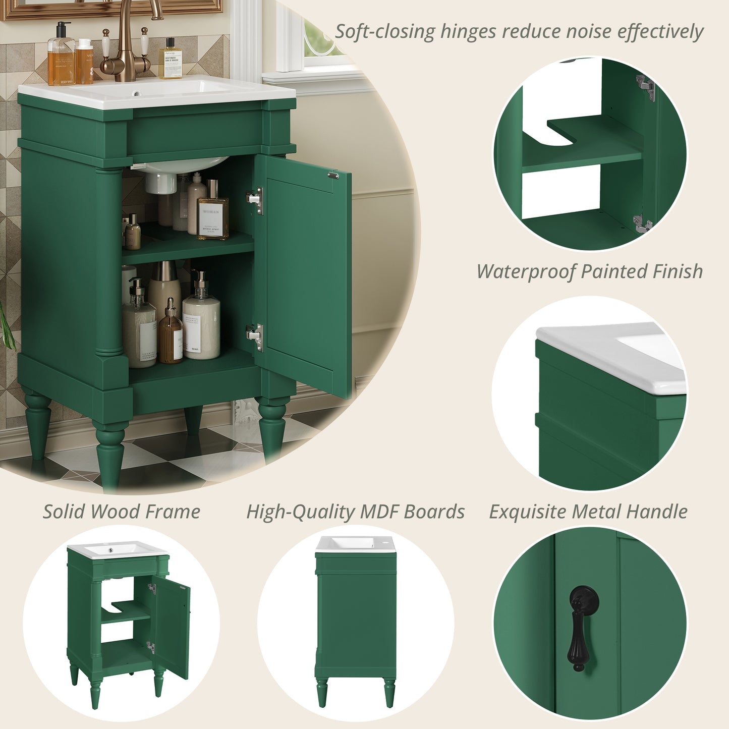 VanityFus 18-in Green Bathroom Vanity Single Sink Combo with Ceramic Top Undermount 1 Soft Close Door Adjustable Shelves