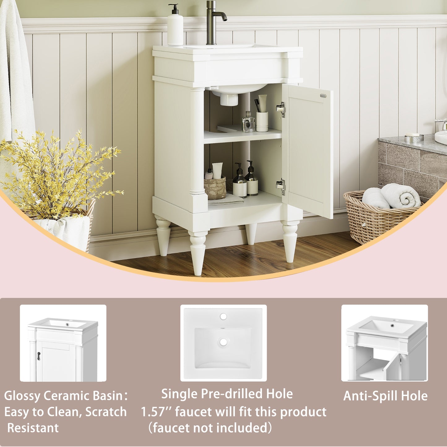 VanityFus 18-in White Bathroom Vanity Single Sink Combo with Ceramic Top Undermount 1 Soft Close Door Adjustable Shelves