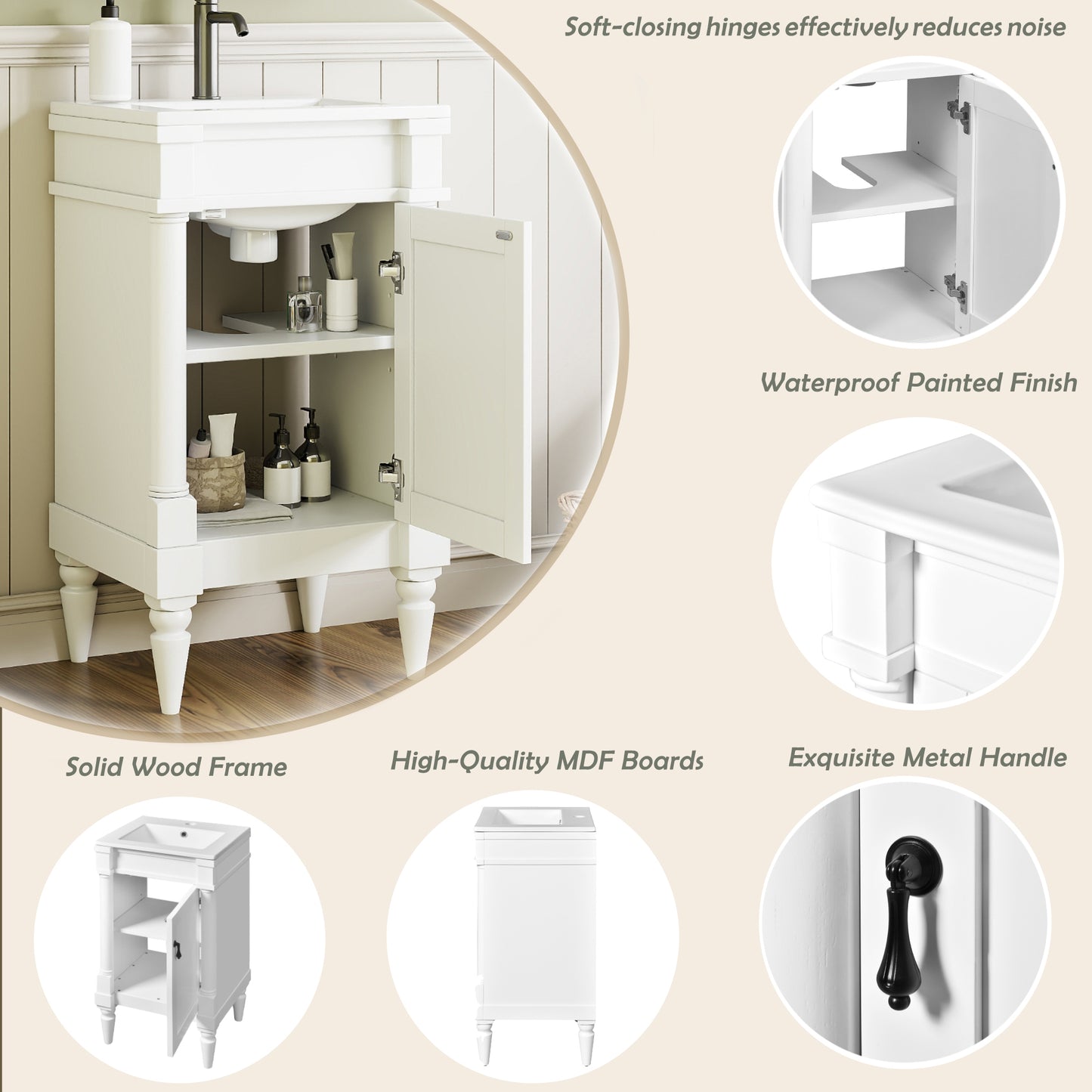 VanityFus 18-in White Bathroom Vanity Single Sink Combo with Ceramic Top Undermount 1 Soft Close Door Adjustable Shelves