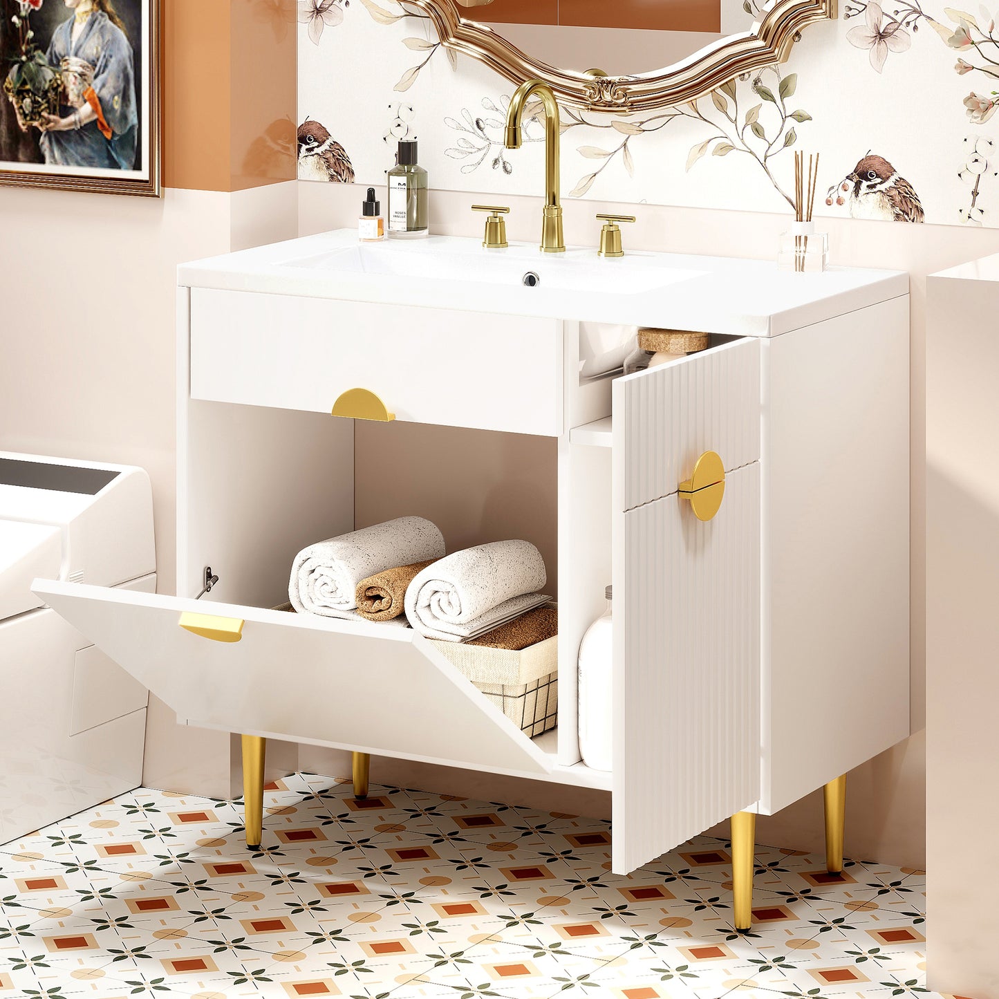 VanityFus 36-in White Bathroom Vanity Single Sink Combo Resin Top Undermount with 2 Soft Close Doors