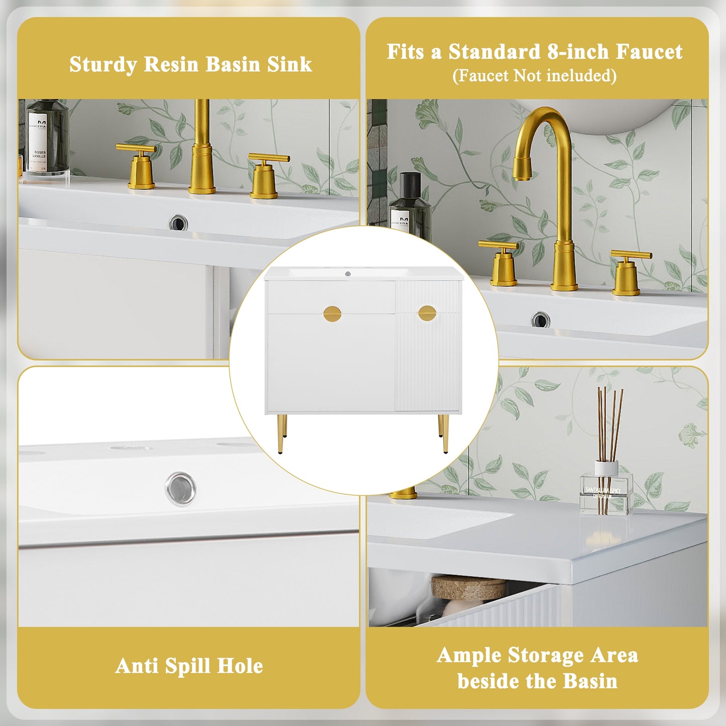 VanityFus 36-in White Bathroom Vanity Single Sink Combo Resin Top Undermount with 2 Soft Close Doors
