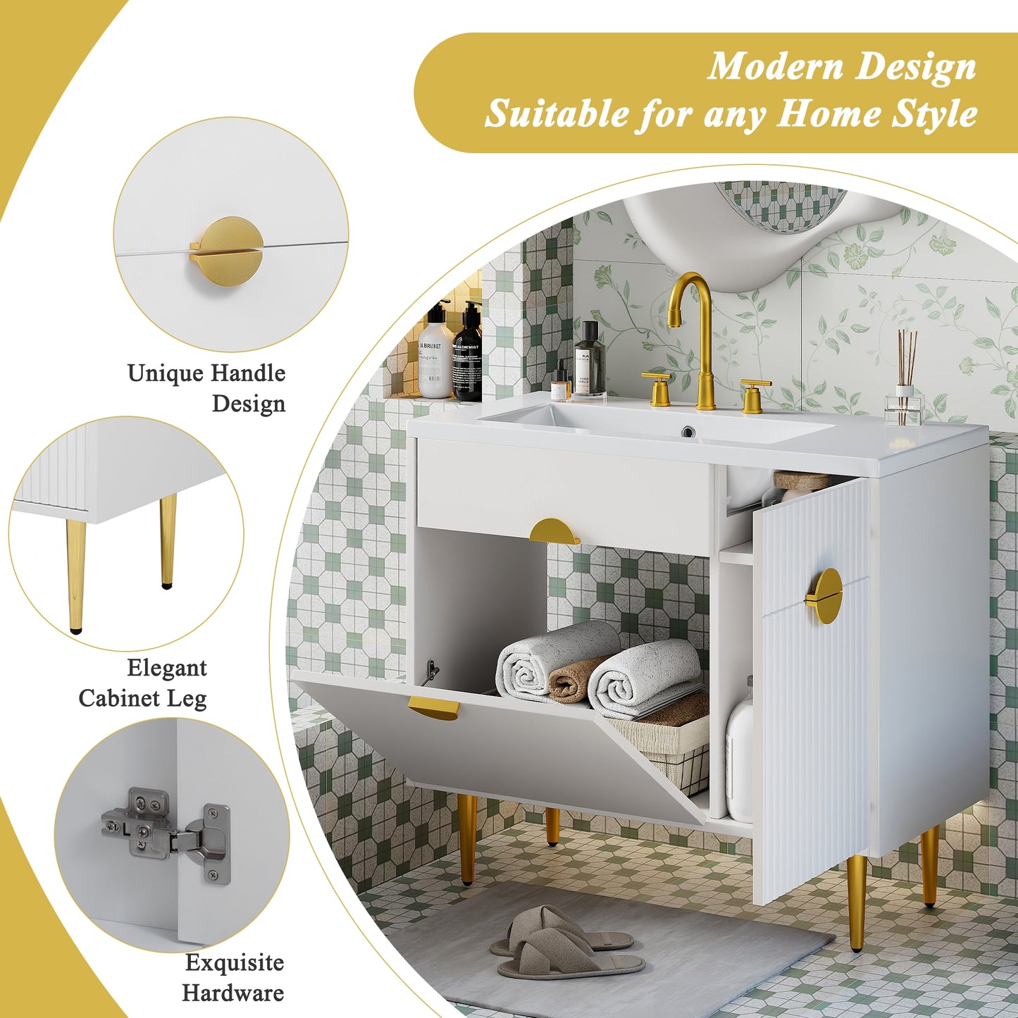 VanityFus 36-in White Bathroom Vanity Single Sink Combo Resin Top Undermount with 2 Soft Close Doors