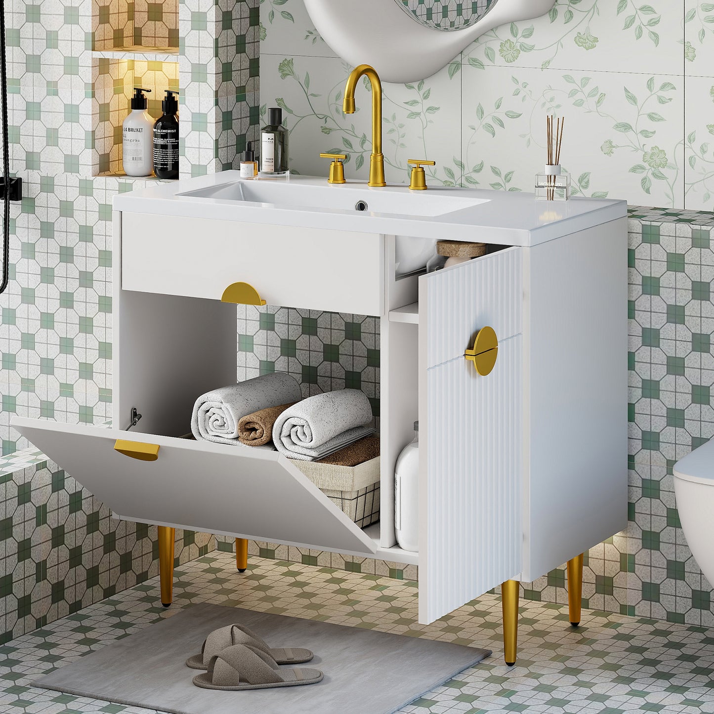 VanityFus 36-in White Bathroom Vanity Single Sink Combo Resin Top Undermount with 2 Soft Close Doors